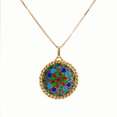French 18K Gold Plique-à-Jour Enamel Rose Window Pendant Necklace