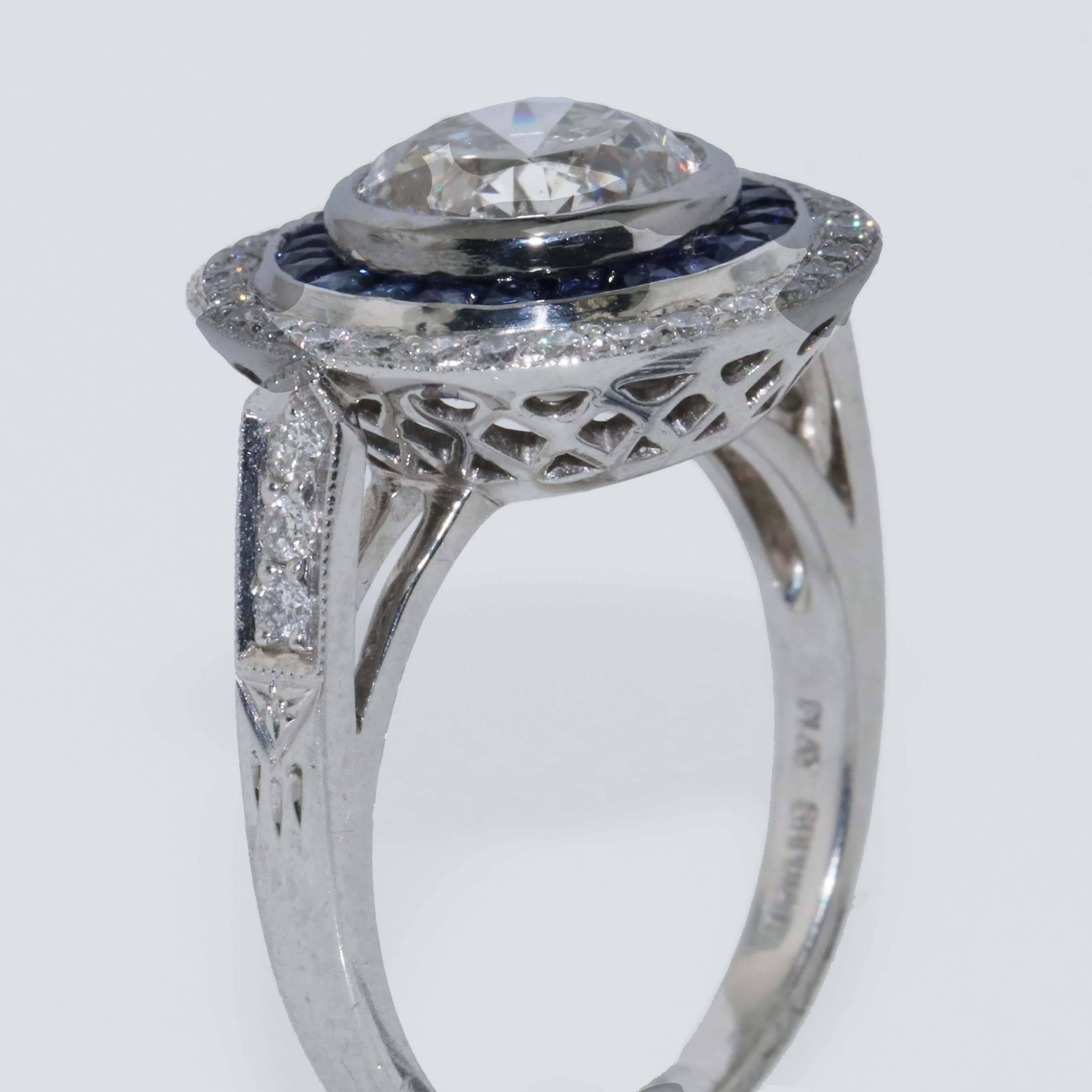 Art Deco 2.18 Carat i-Si1 Round Brilliant Diamond Sapphire Ring GIA Certified Platinum