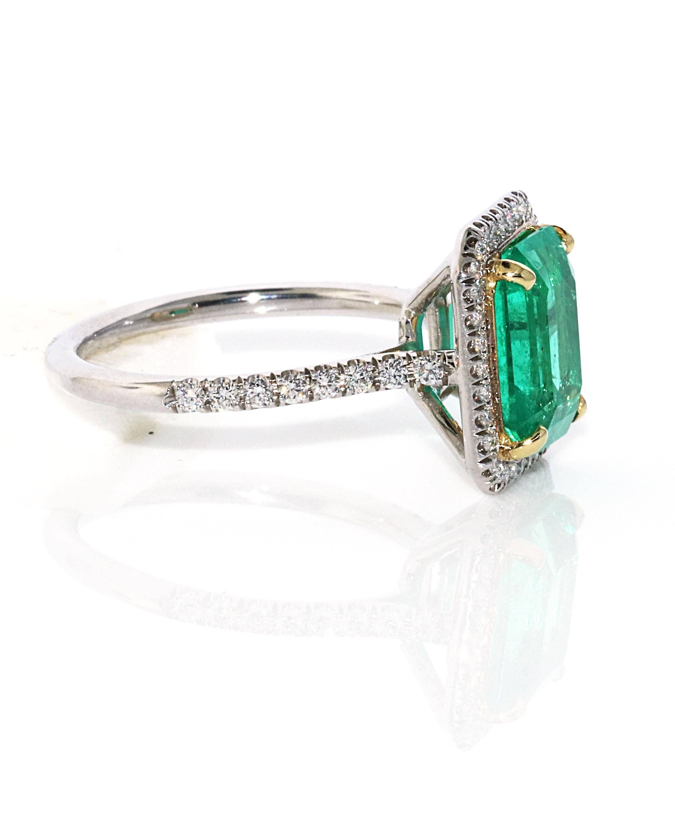 Modern 3.39 Carat Colombian Minor Emerald Cut Emerald and Diamond Ring, GIA Certificate