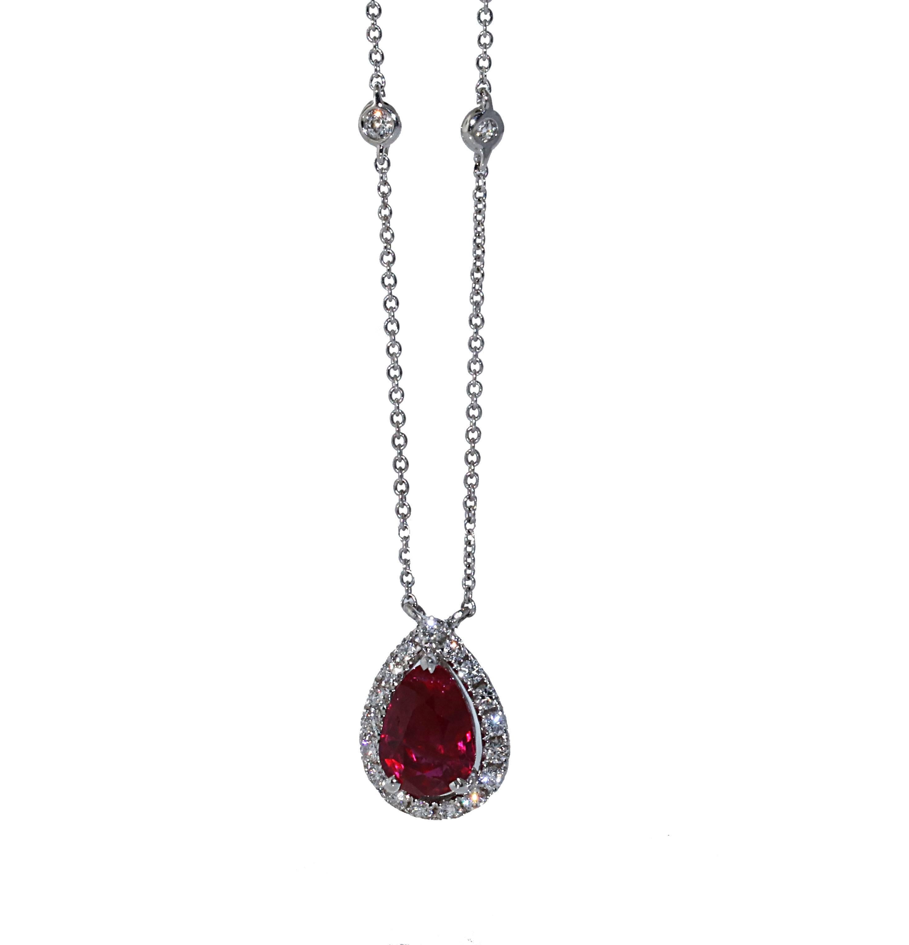 The red color of this ruby is ideal. This is the perfect color for a Burmese ruby. This 1.76 Burma No Heat Ruby and Diamond pendant is the perfect holiday gift. Provided with this necklace, you will receive an AGL certificate stating that the color