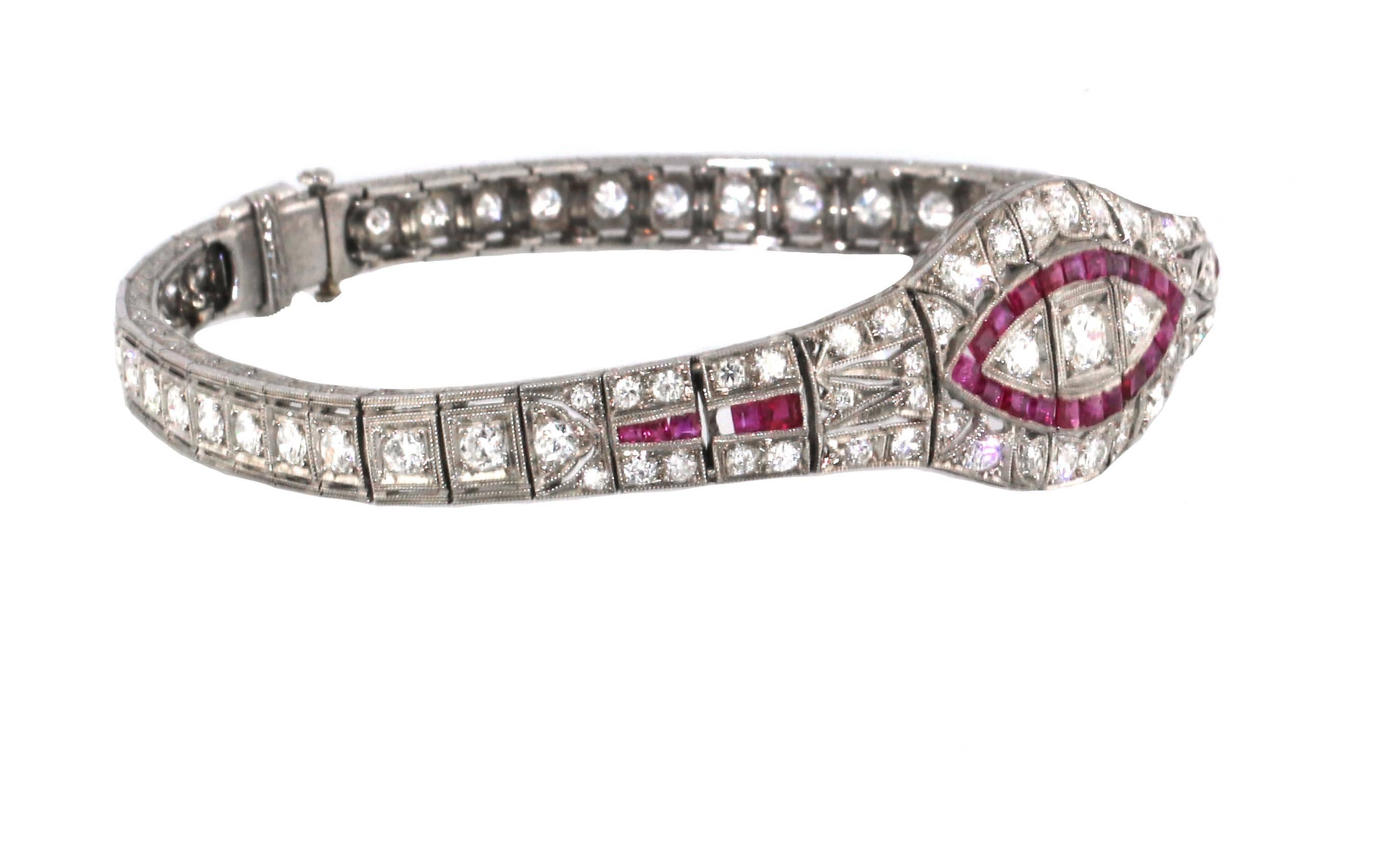 This is true Art Deco beauty. An original 1920's ruby and diamond bracelet. This is the ideal flapper piece of jewelry that cannot be replicated. The craftsmanship of the 1920's is what allows the bracelet to look as good as it does nearly 100 years