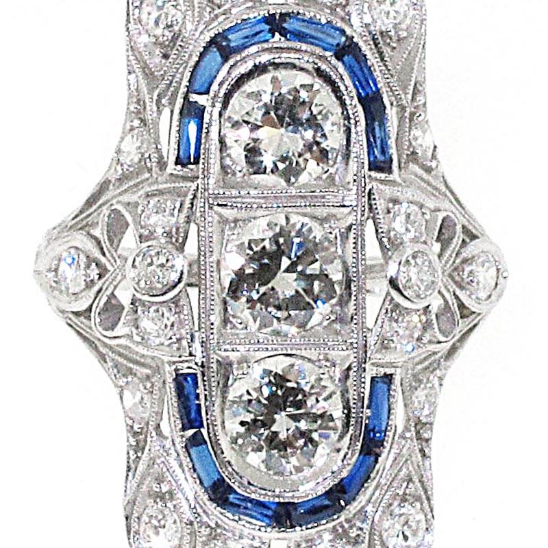 Art Deco Platinum Diamond and Synthetic Sapphire Deco Style Ring