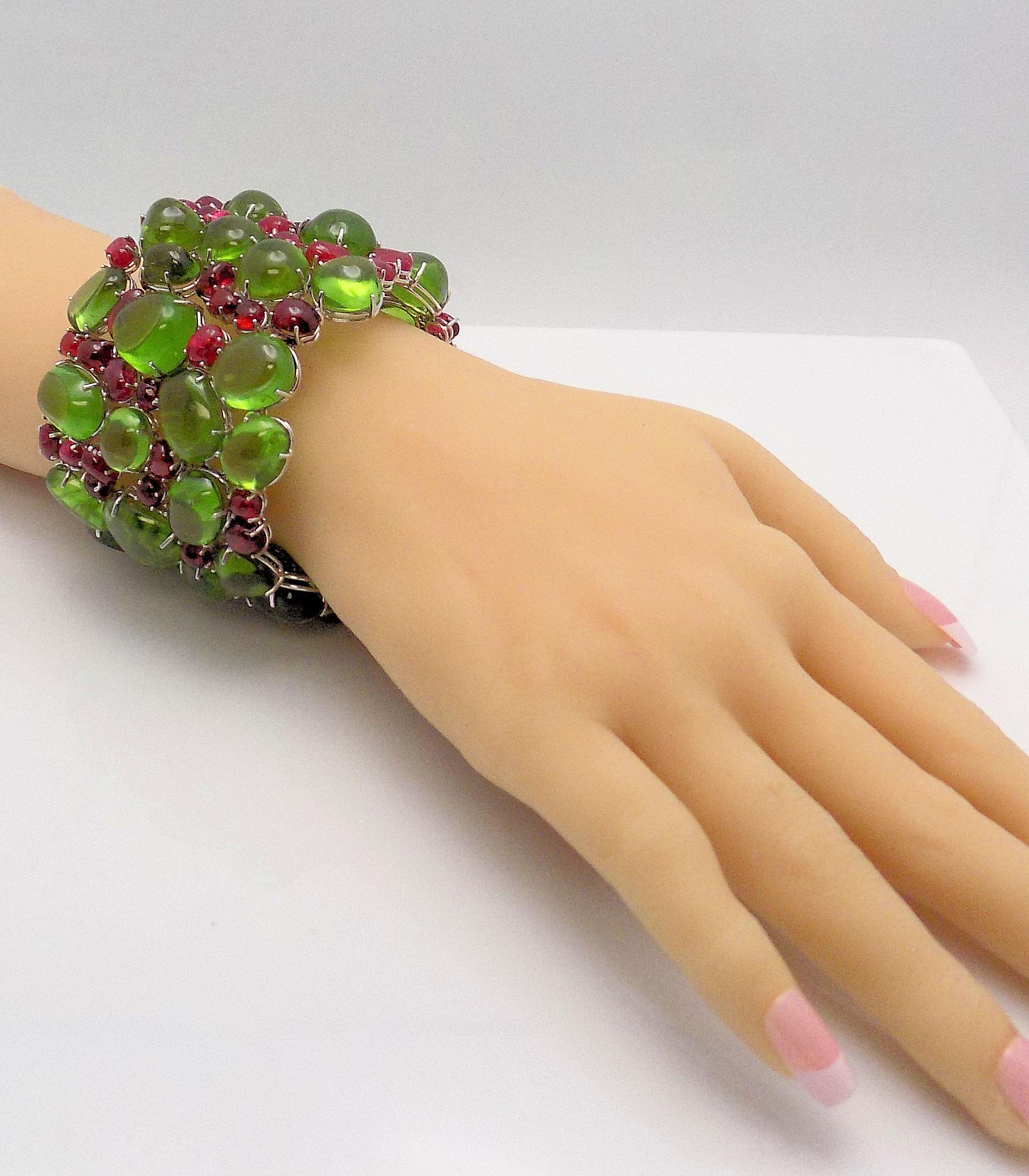 Women's Handmade Peridot and Red Spinel Bracelet For Sale