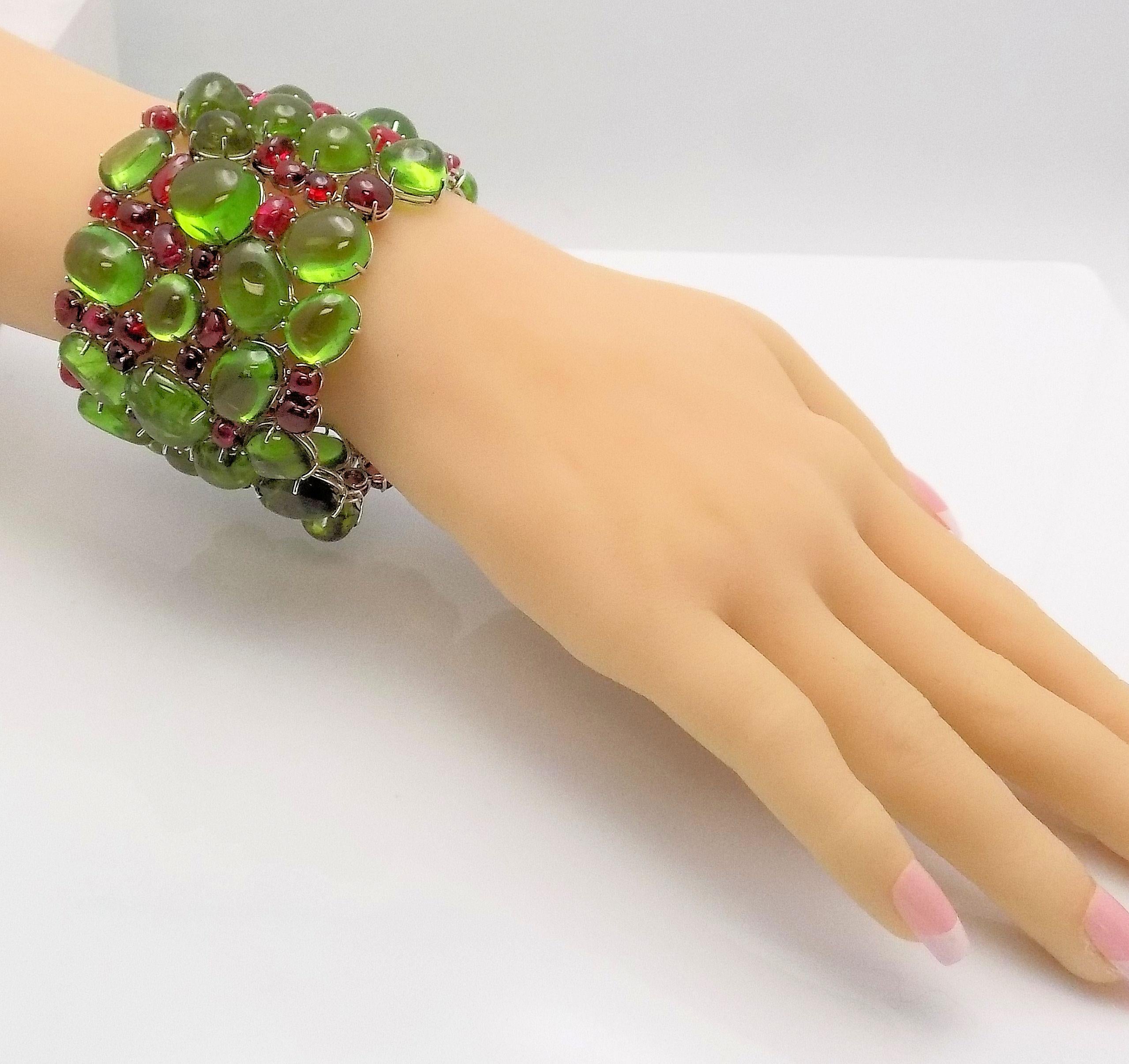 Handmade Peridot and Red Spinel Bracelet For Sale 1