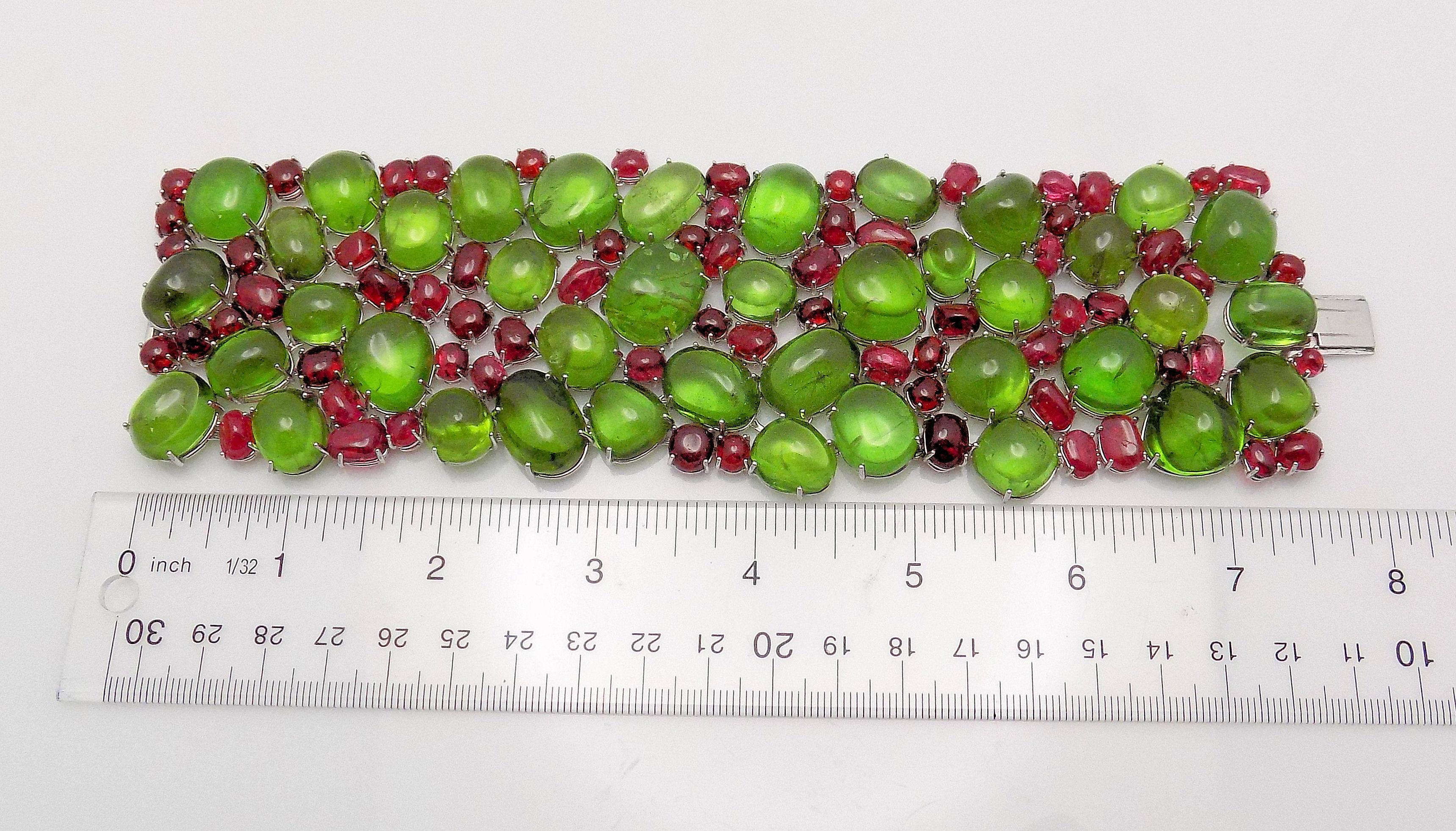 Handmade Peridot and Red Spinel Bracelet For Sale 2