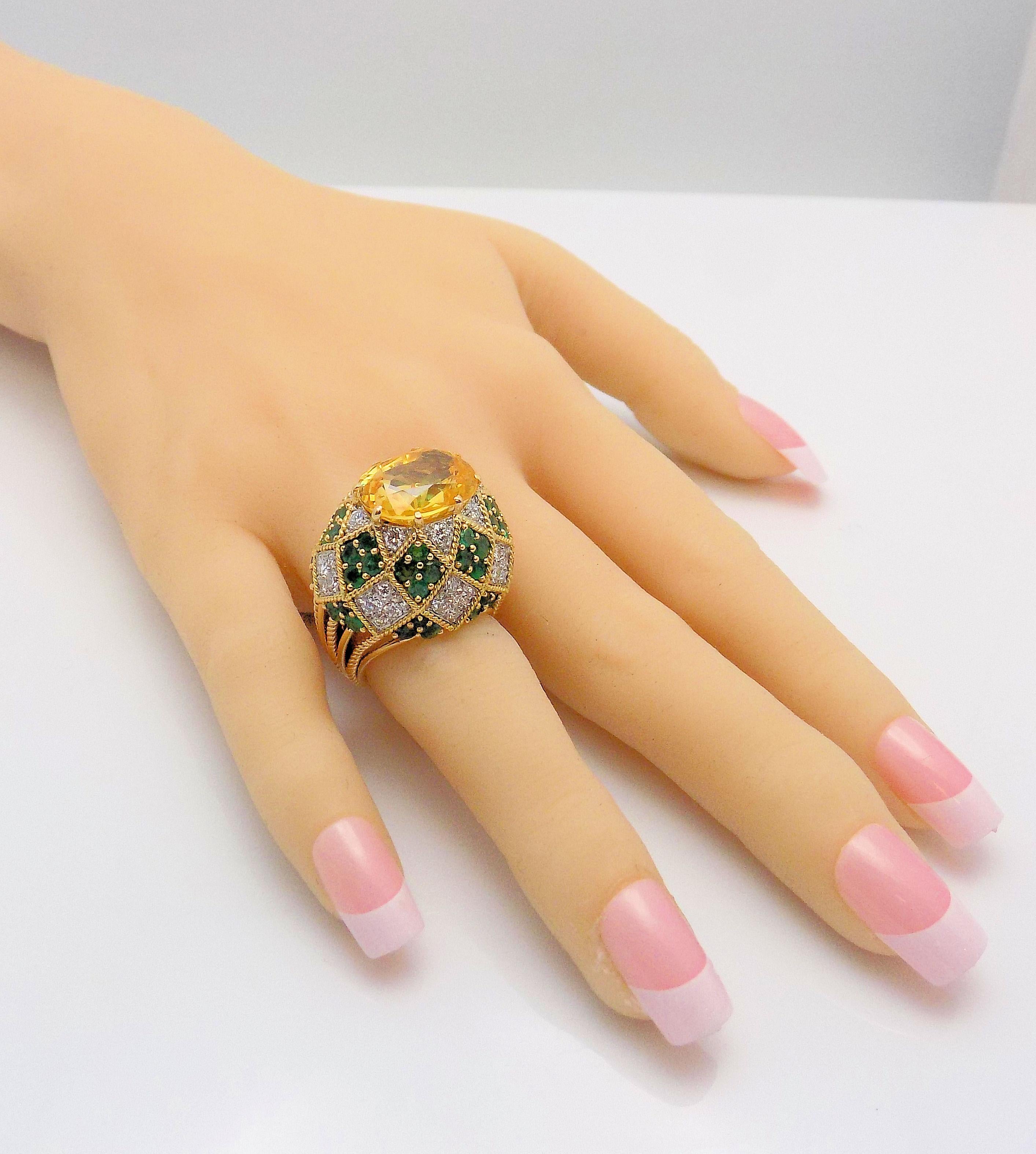 Yellow Sapphire, Emeralds and Diamond Dome Ring In Excellent Condition For Sale In Dallas, TX