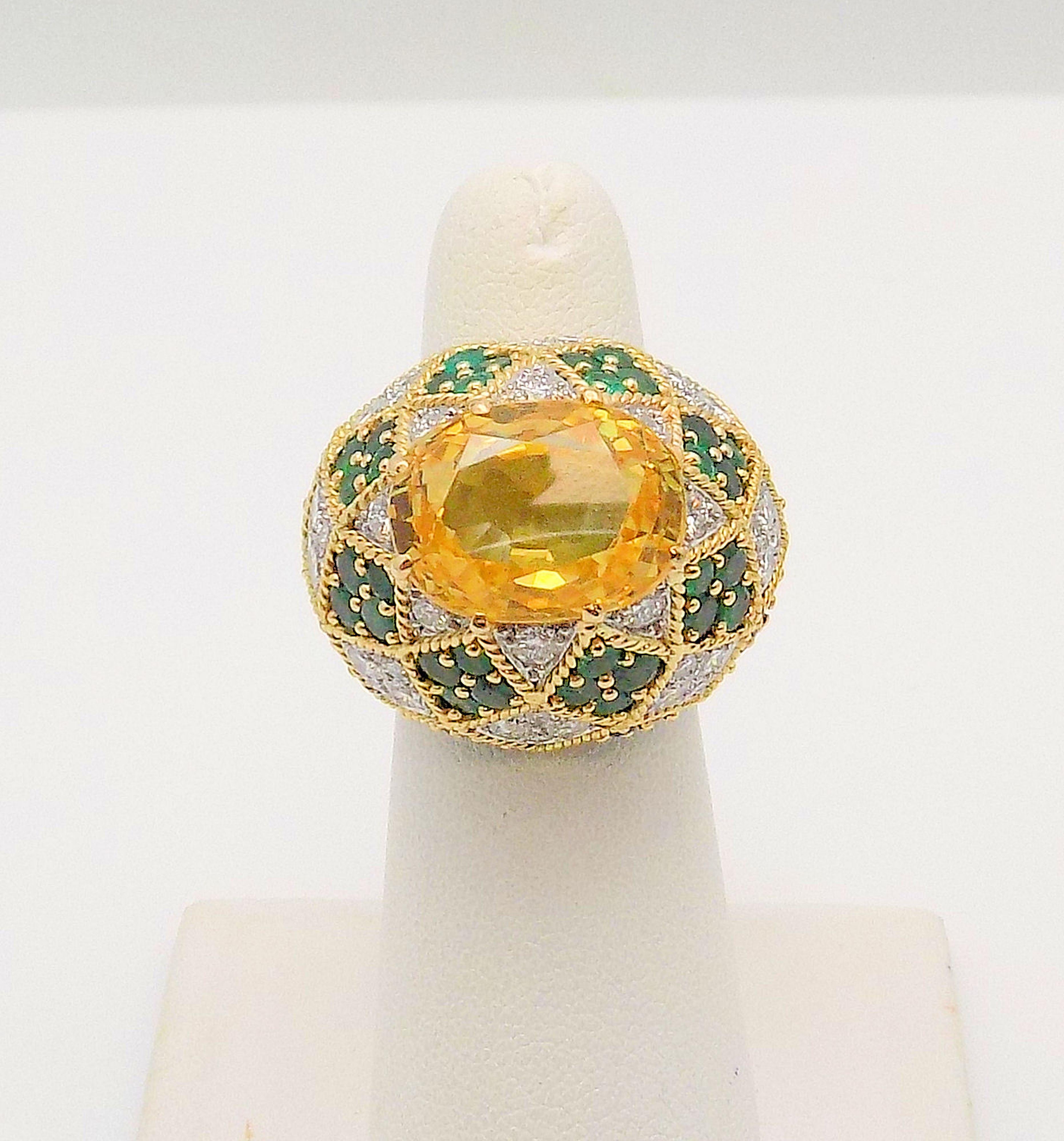 Yellow Sapphire, Emeralds and Diamond Dome Ring For Sale 1