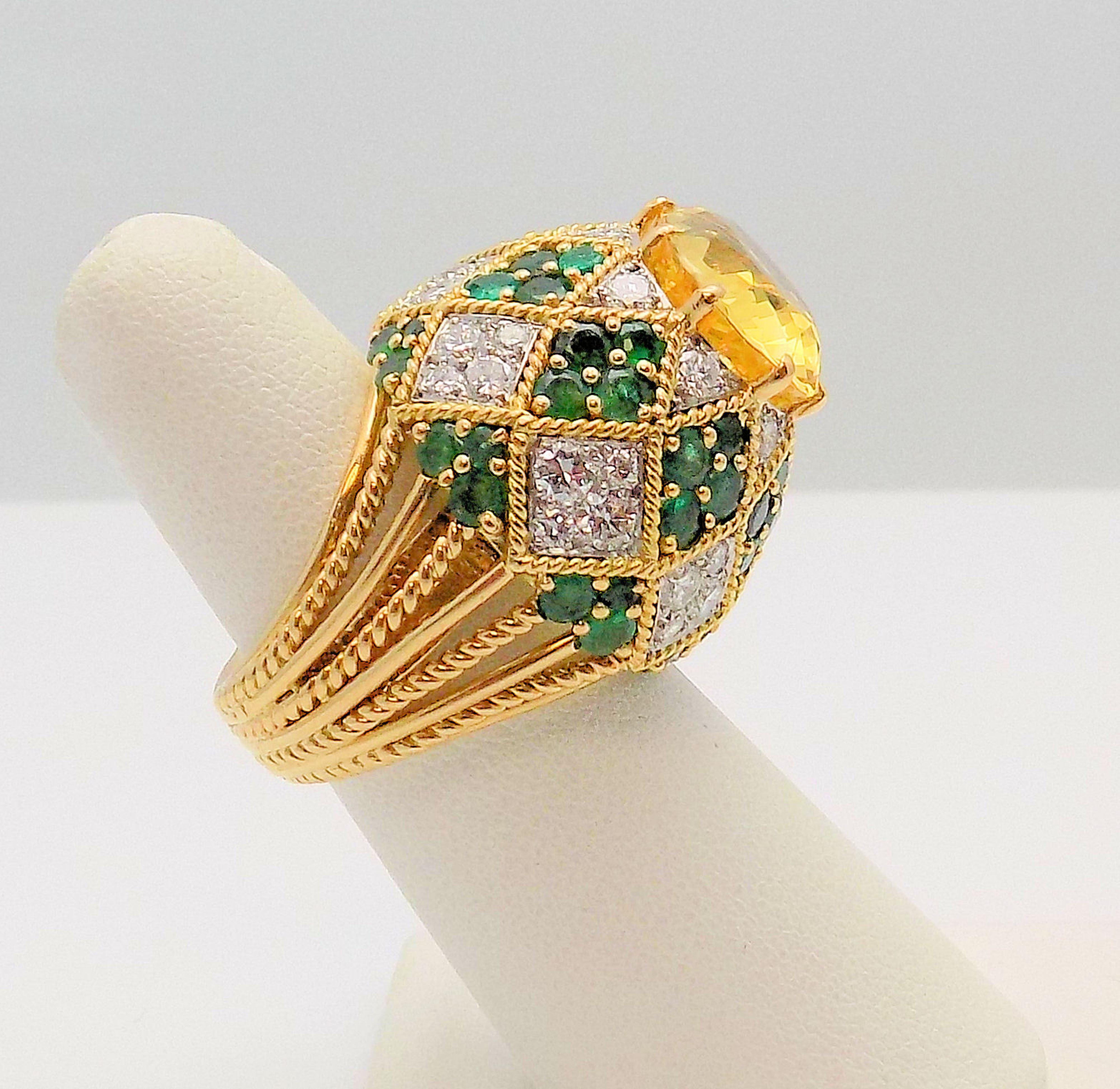 Yellow Sapphire, Emeralds and Diamond Dome Ring For Sale 2