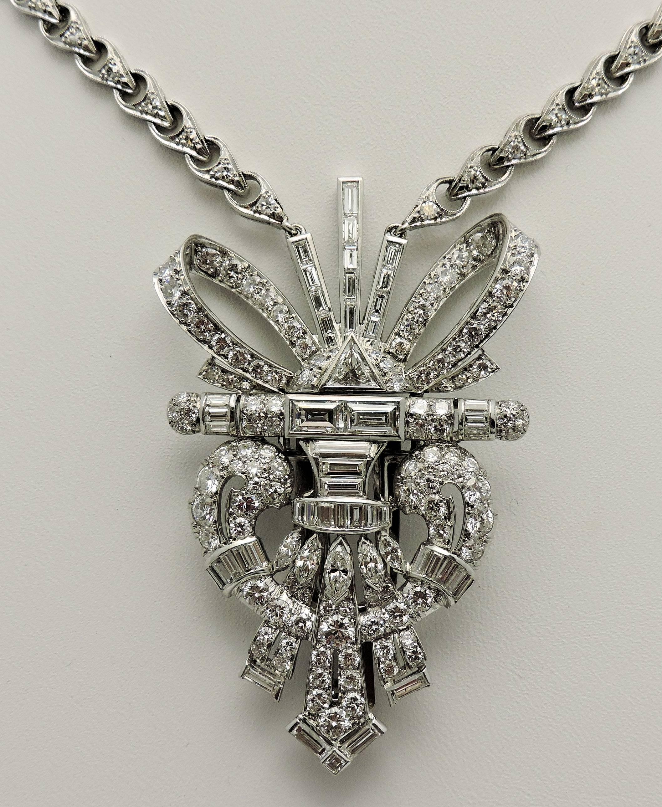Art Deco Platinum and Diamond Brooch/Clip/ Necklace  In Excellent Condition In Dallas, TX