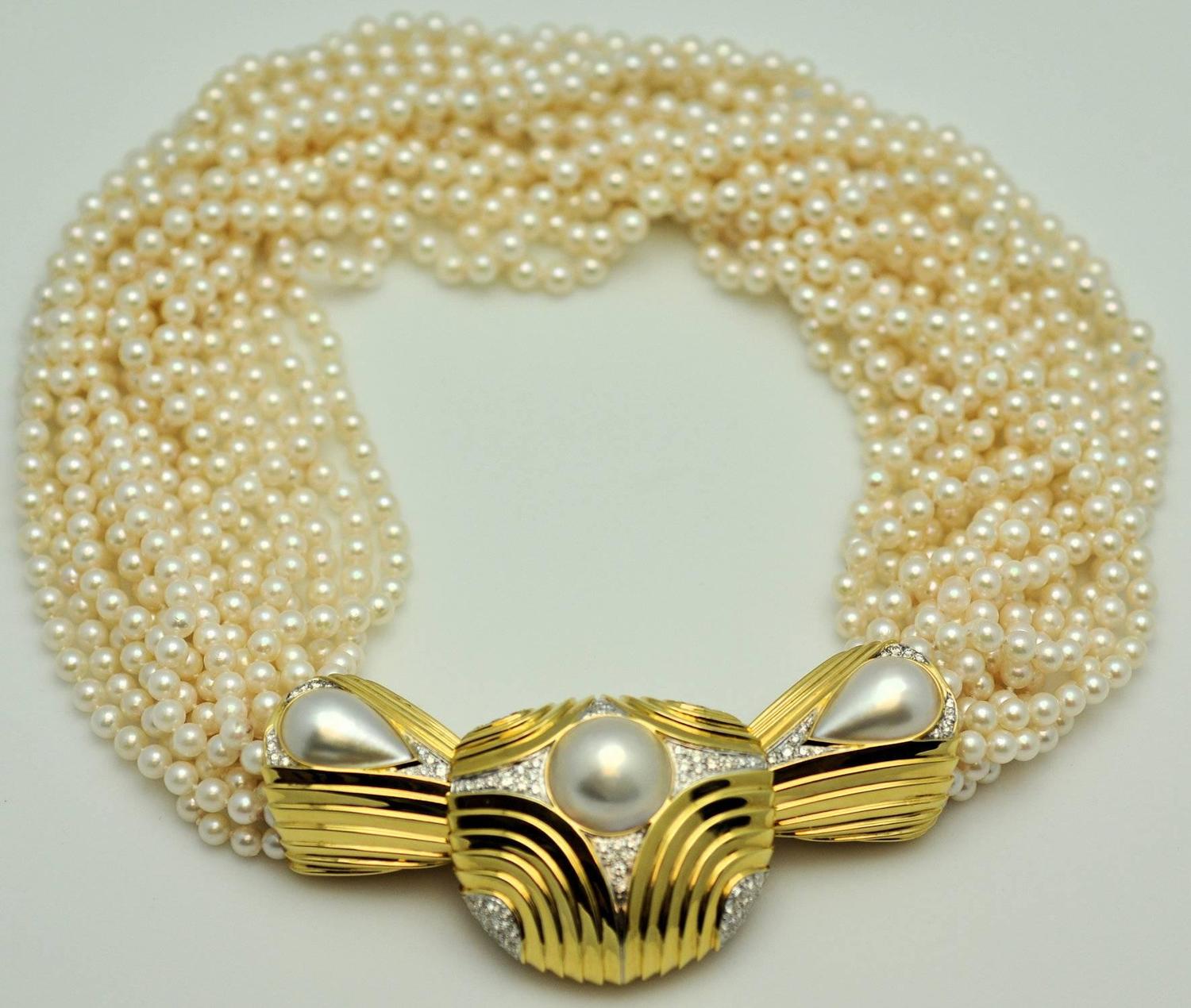 Scott Keating Custom Made Pearl Diamond Gold Torsade Necklace For Sale