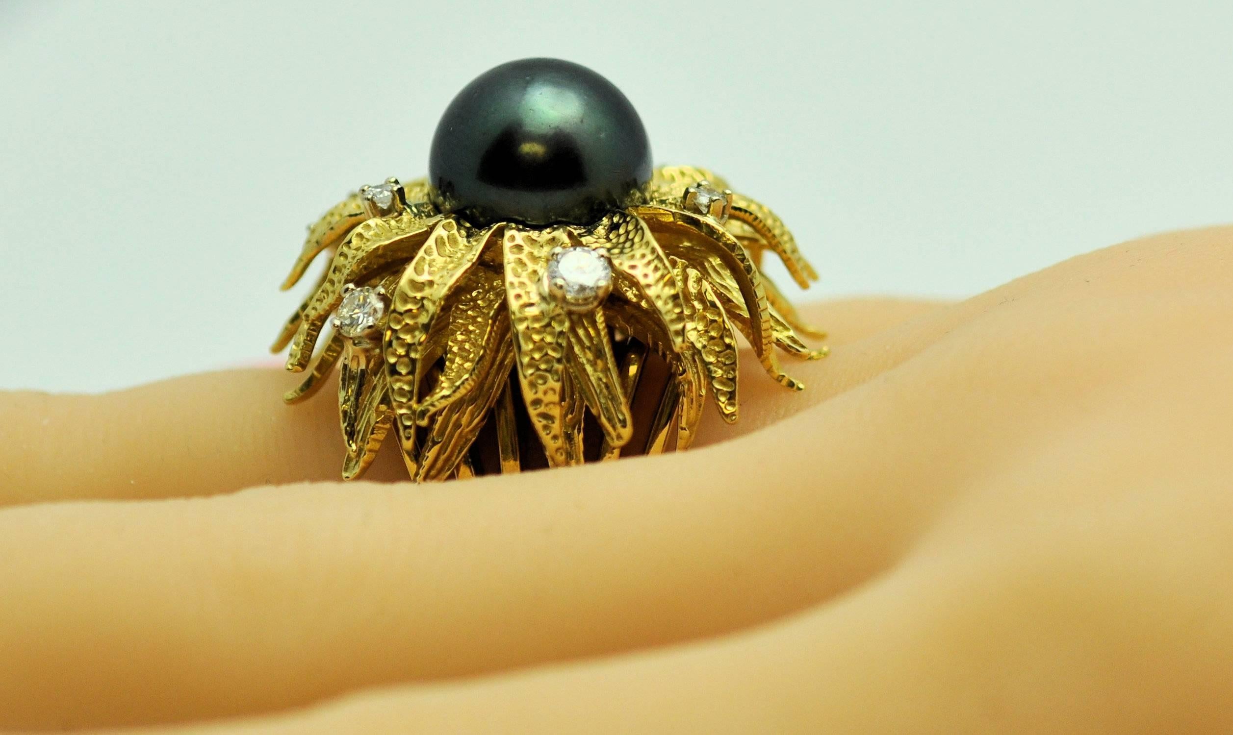 Tahitian Black South Sea Pearl Diamond Gold Ring For Sale 1
