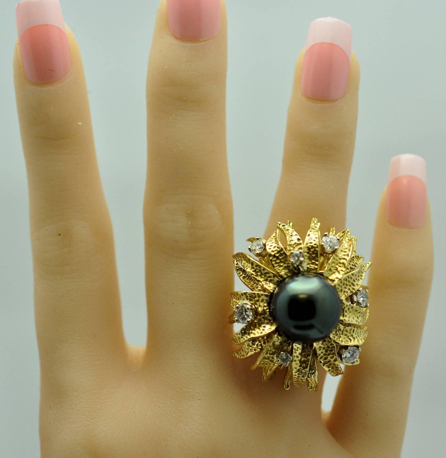 Tahitian Black South Sea Pearl Diamond Gold Ring For Sale 2