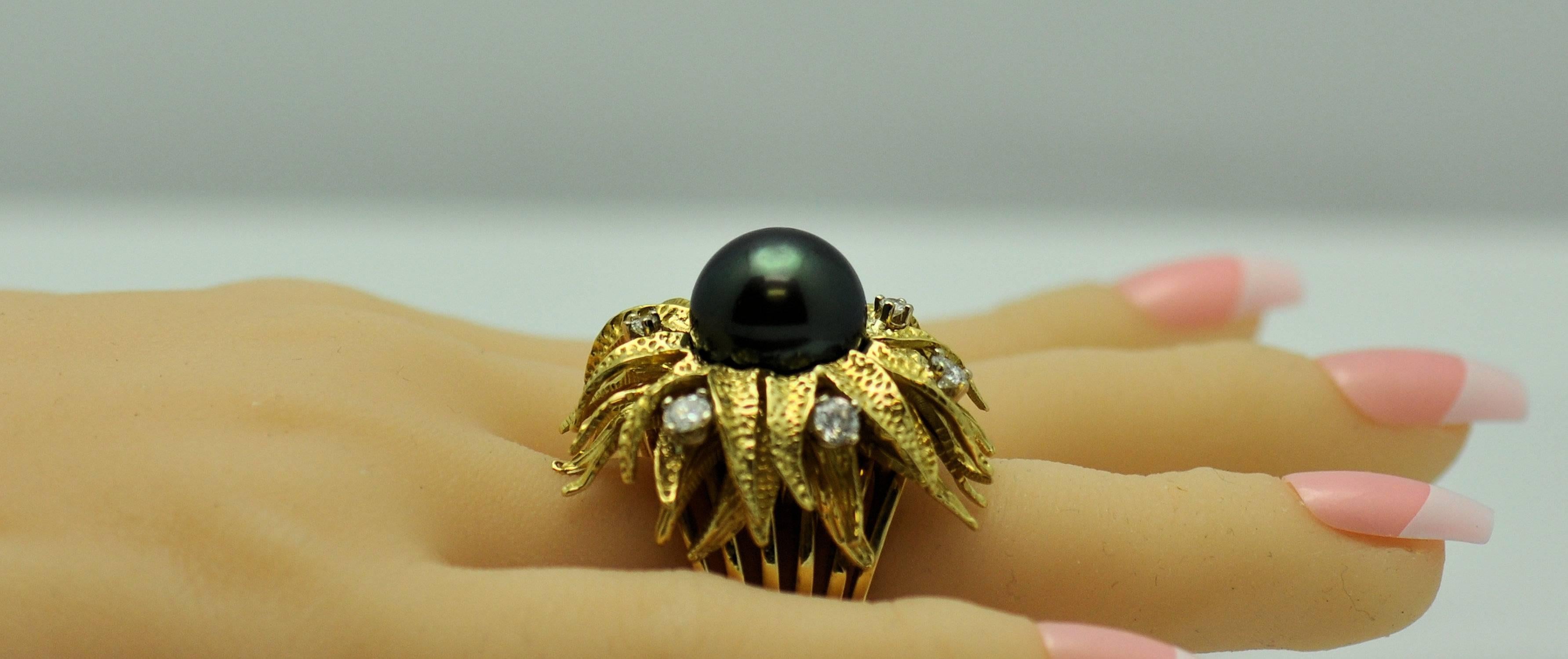 Tahitian Black South Sea Pearl Diamond Gold Ring For Sale 3