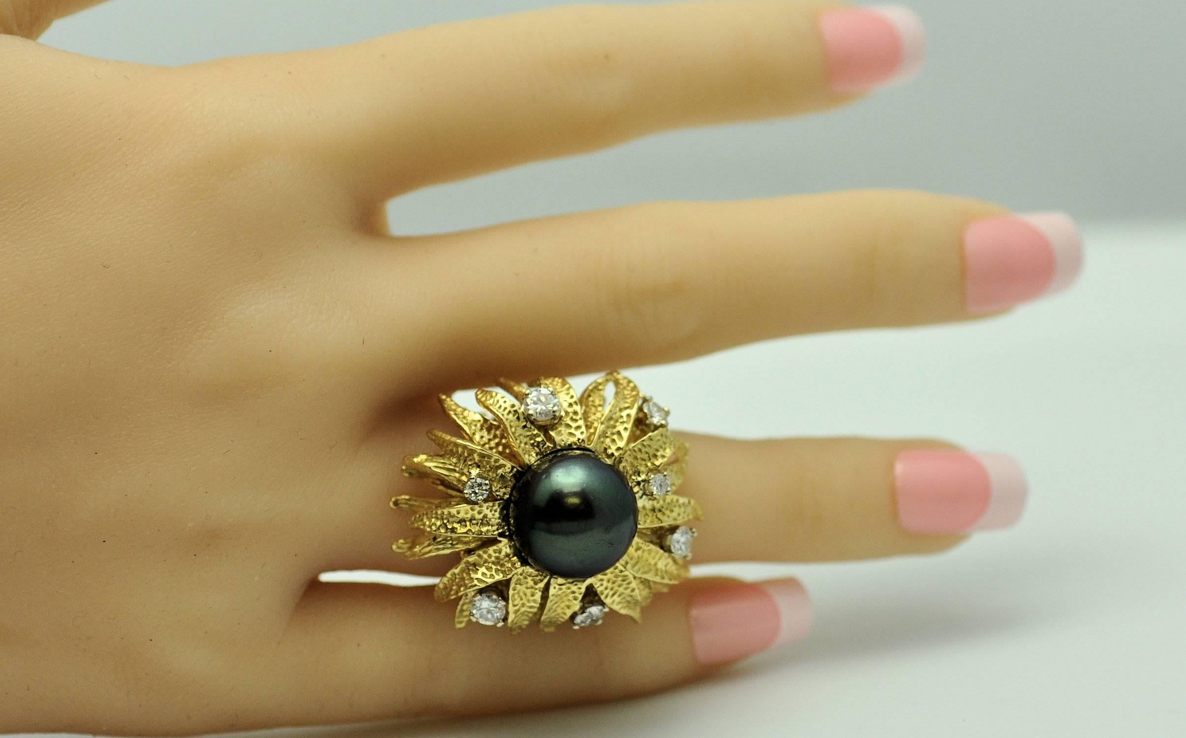 Tahitian Black South Sea Pearl Diamond Gold Ring For Sale 4