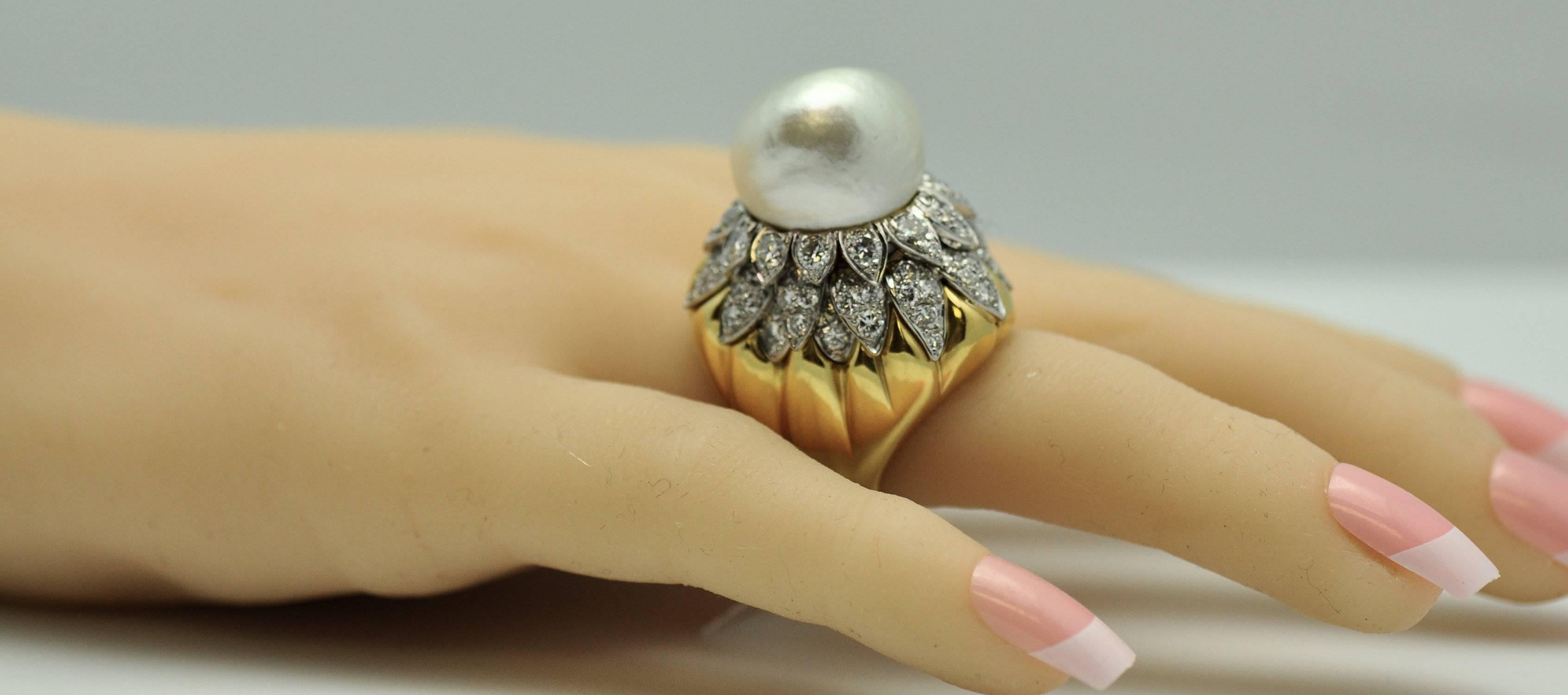 South Sea Pearl Diamond Gold Platinum Ring  In Excellent Condition In Dallas, TX
