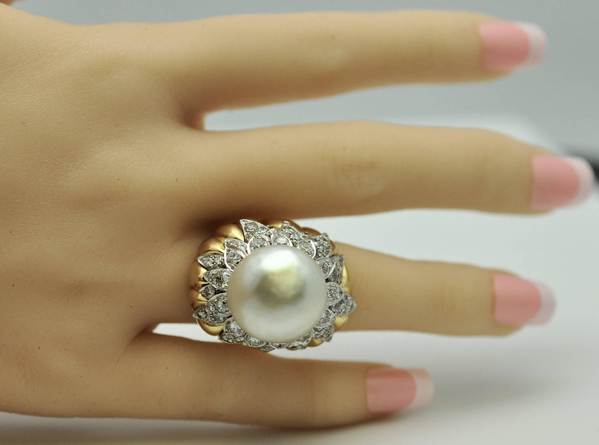 Women's South Sea Pearl Diamond Gold Platinum Ring 