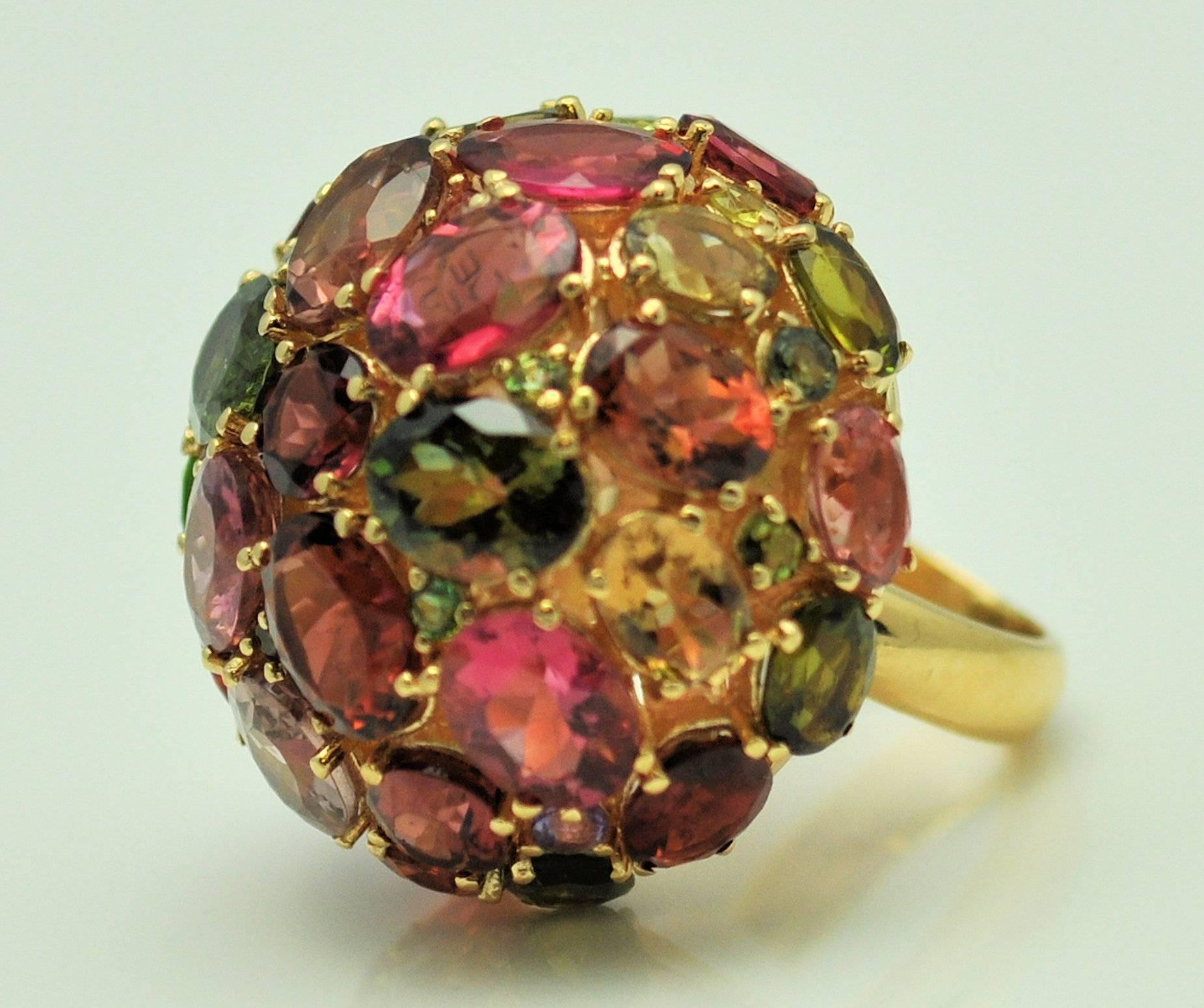1980s Large Round Domed Colored Stone Gold Ring  2