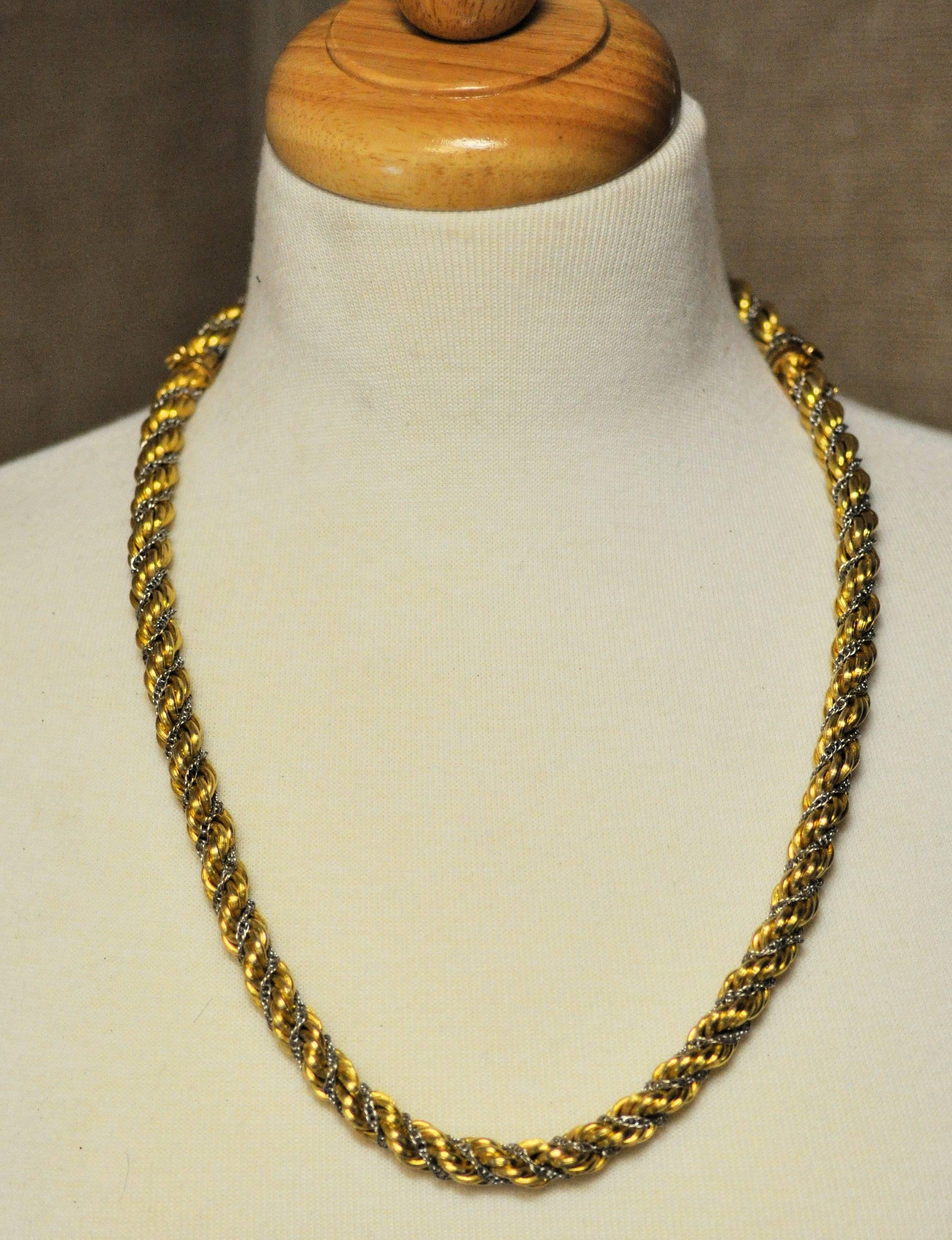 Women's or Men's Mid Century Gold Twisted Rope Necklace and Bracelet