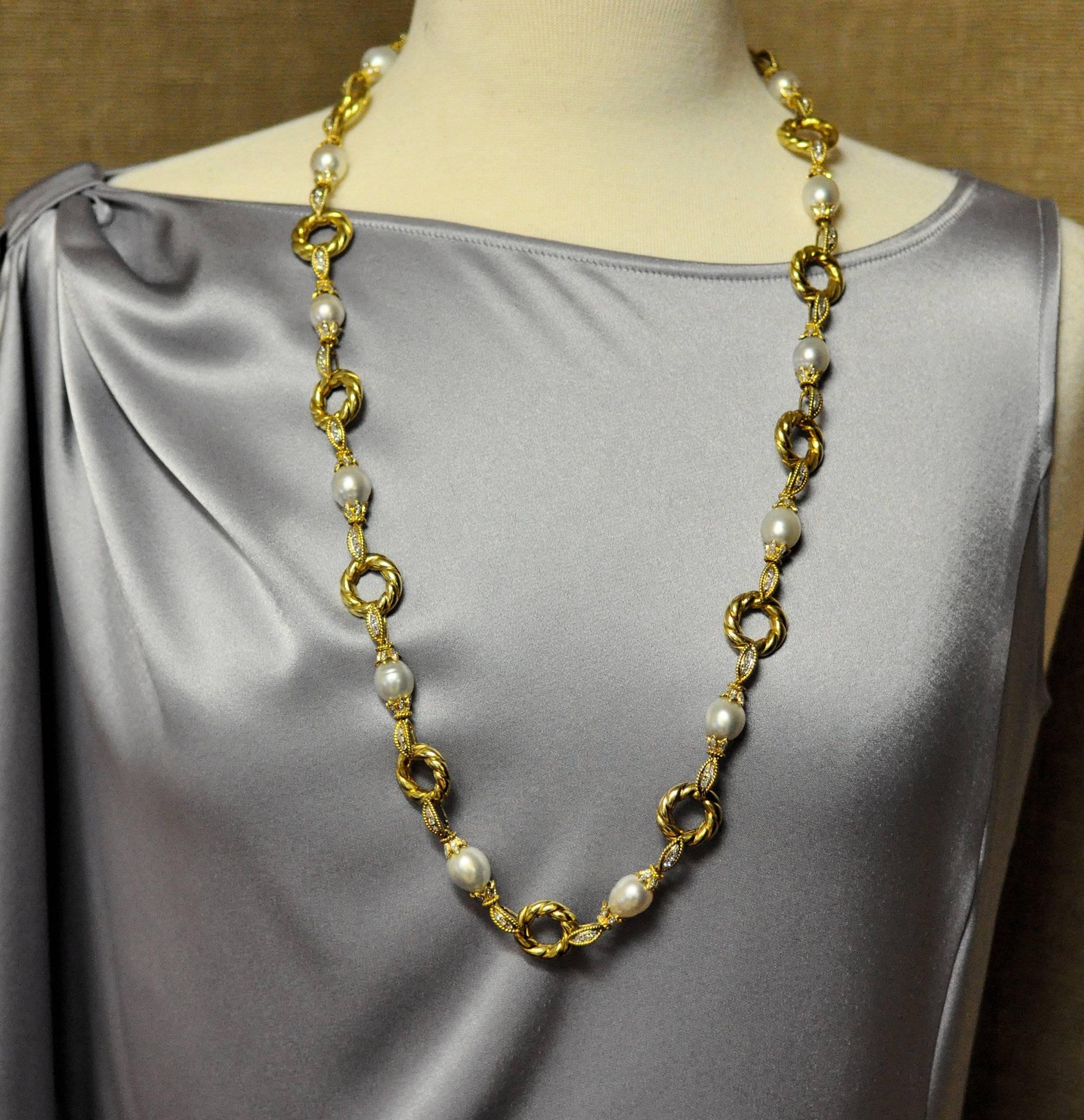 Women's Long South Sea Pearl Diamond Gold Necklace with Pendant