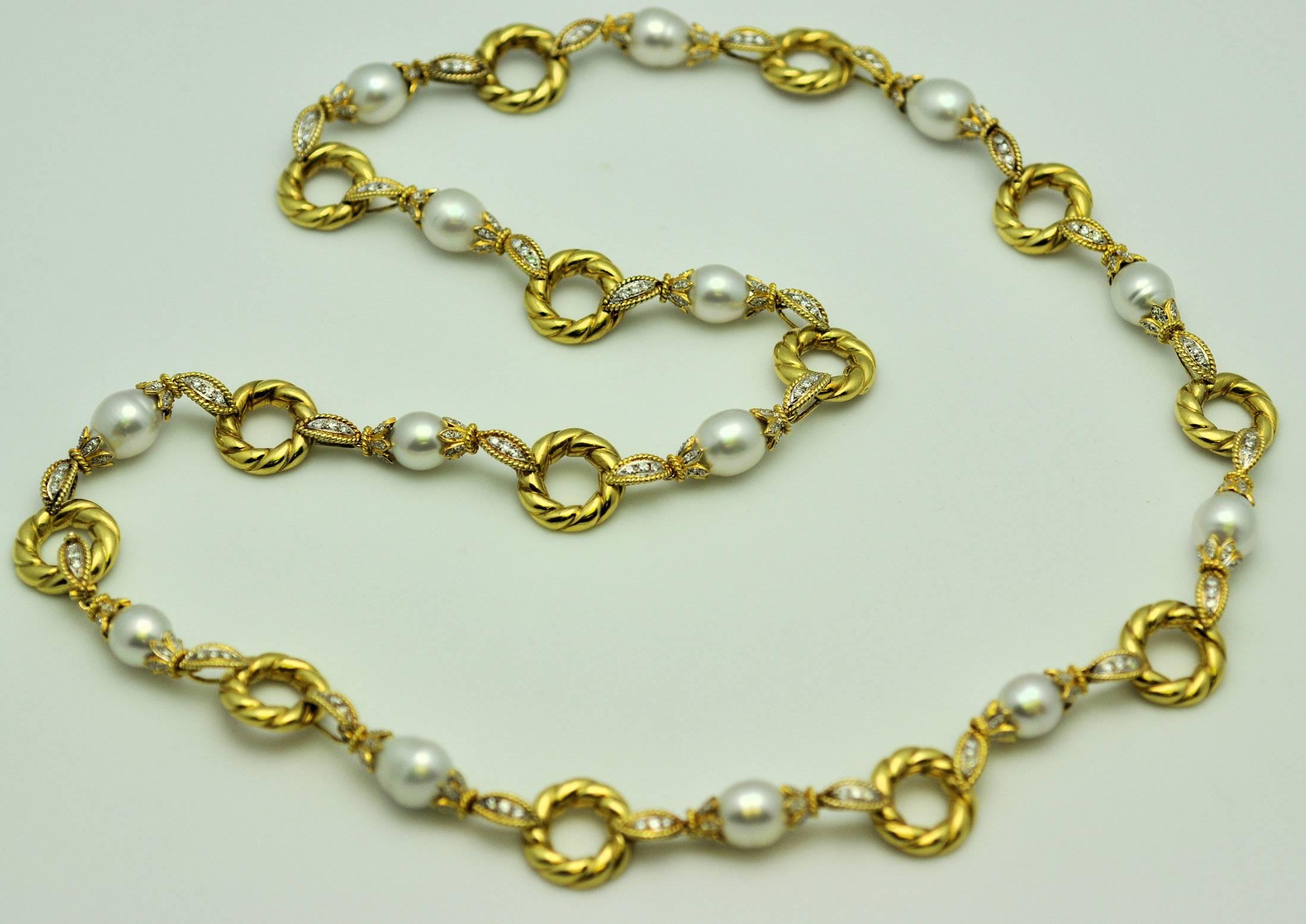 Long South Sea Pearl Diamond Gold Necklace with Pendant 3
