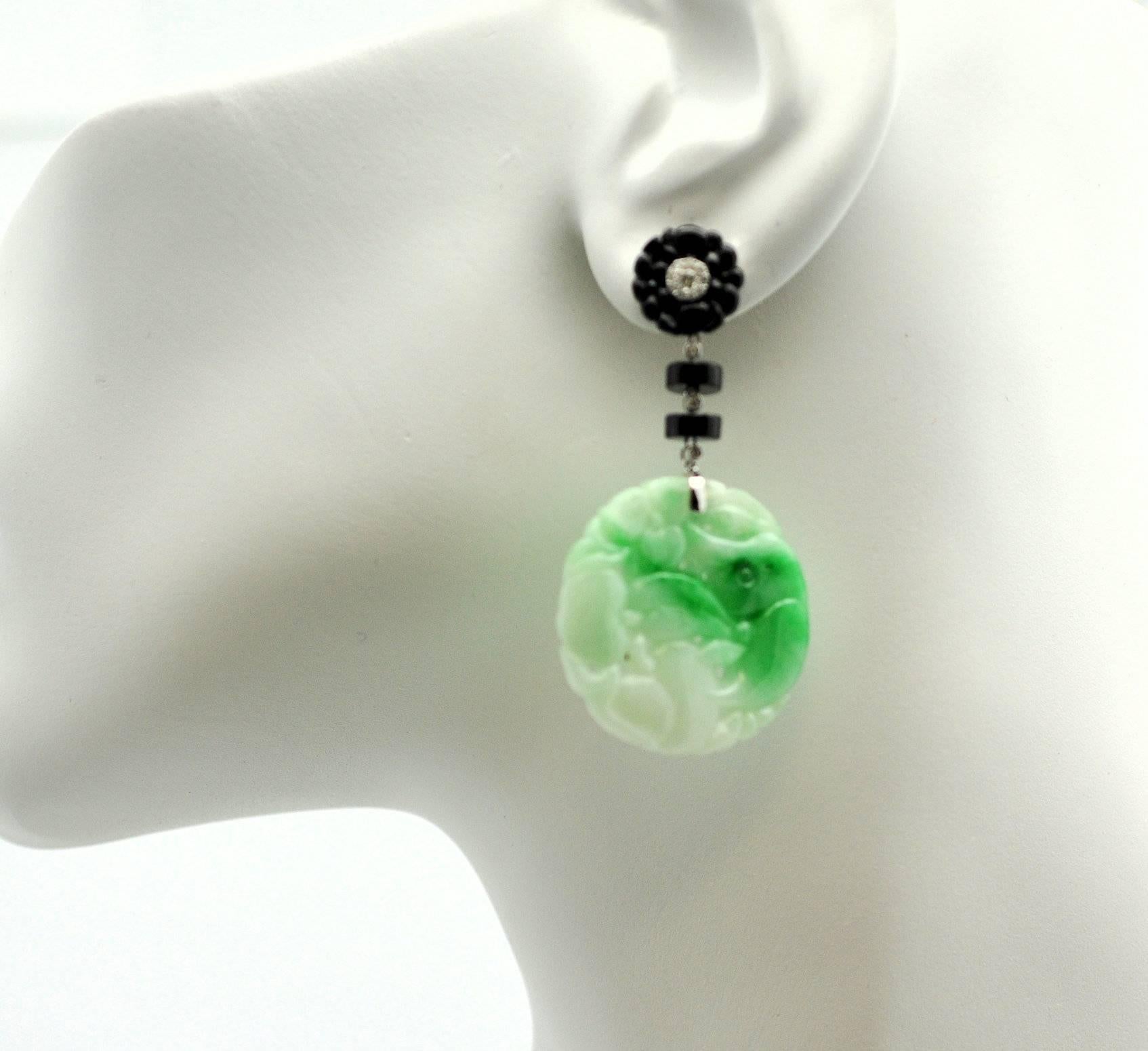 Jade Black Onyx and Diamond Pendant Earrings In New Condition In Dallas, TX