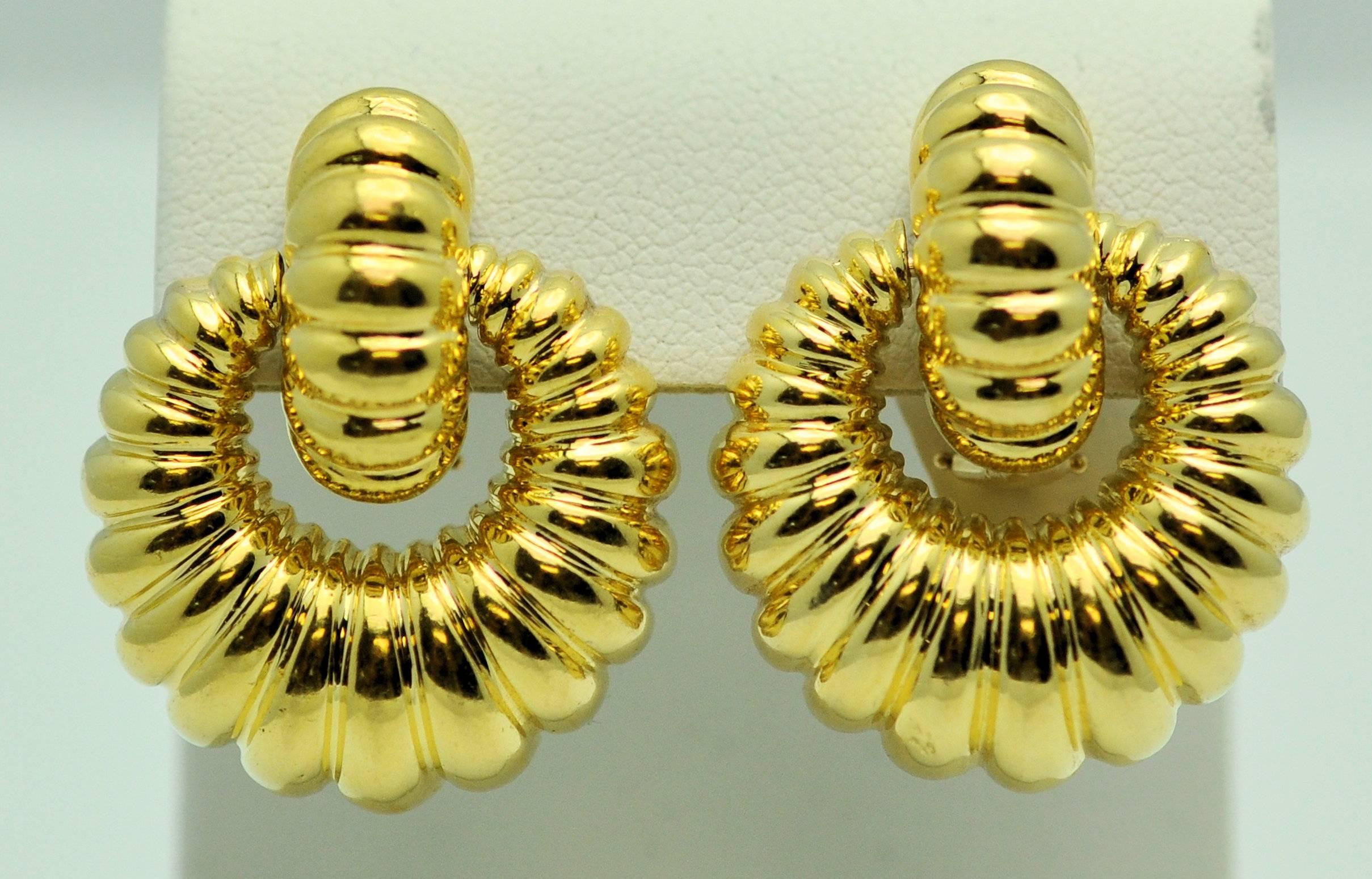 Gold Shrimp Doorknocker Earrings with Omega Clips 1