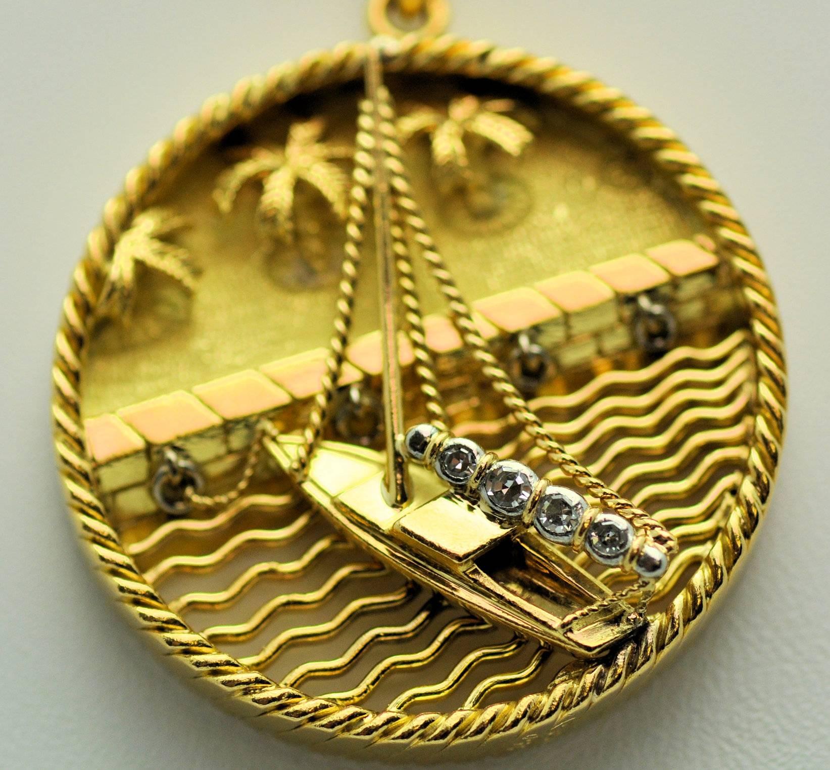 Gubelin Diamond Gold Sailboat and Beach Pendant Charm  In Excellent Condition In Dallas, TX