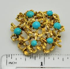 1960s Italian Turquoise Gold Textured Brooch