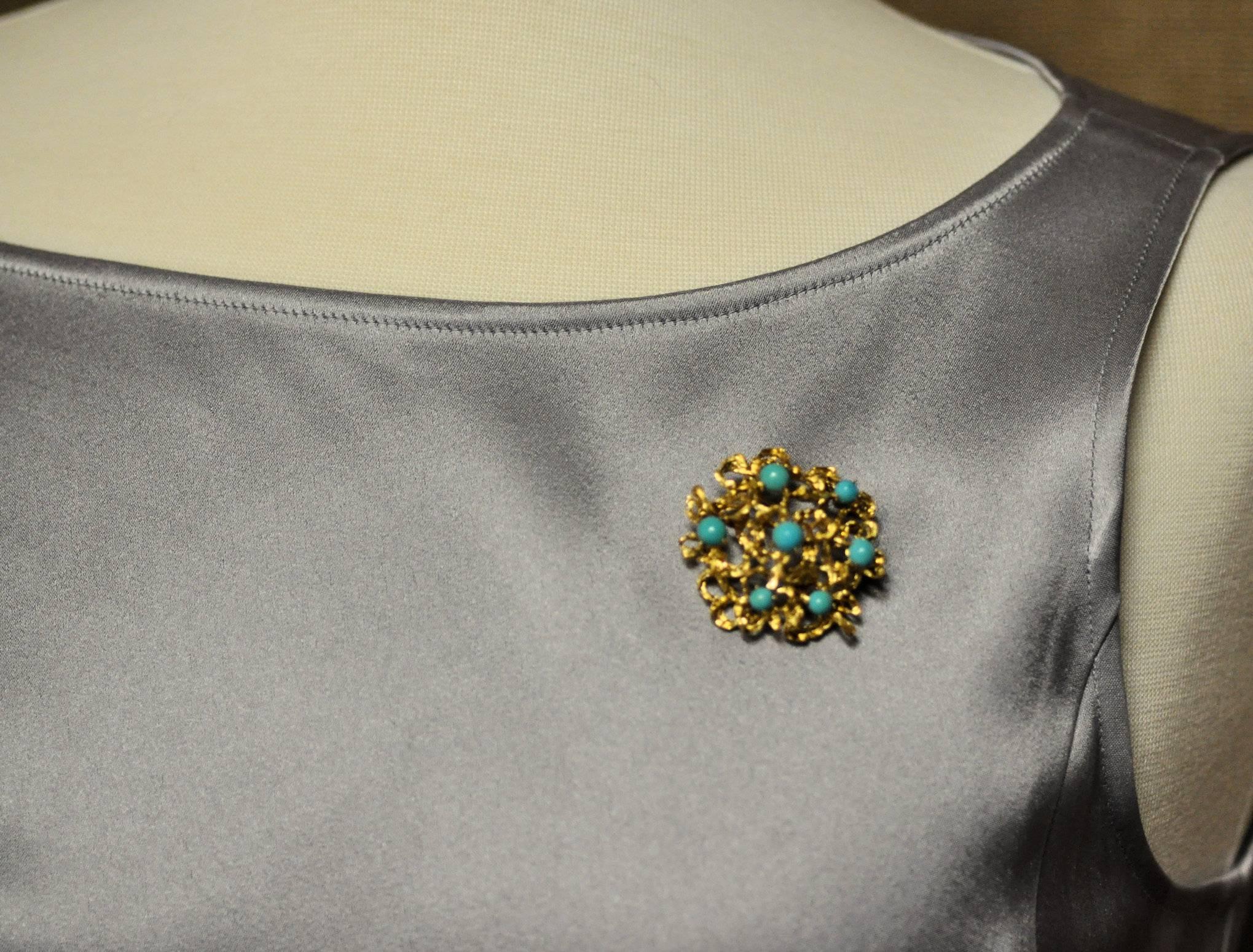 Women's 1960s Italian Turquoise Gold Textured Brooch For Sale