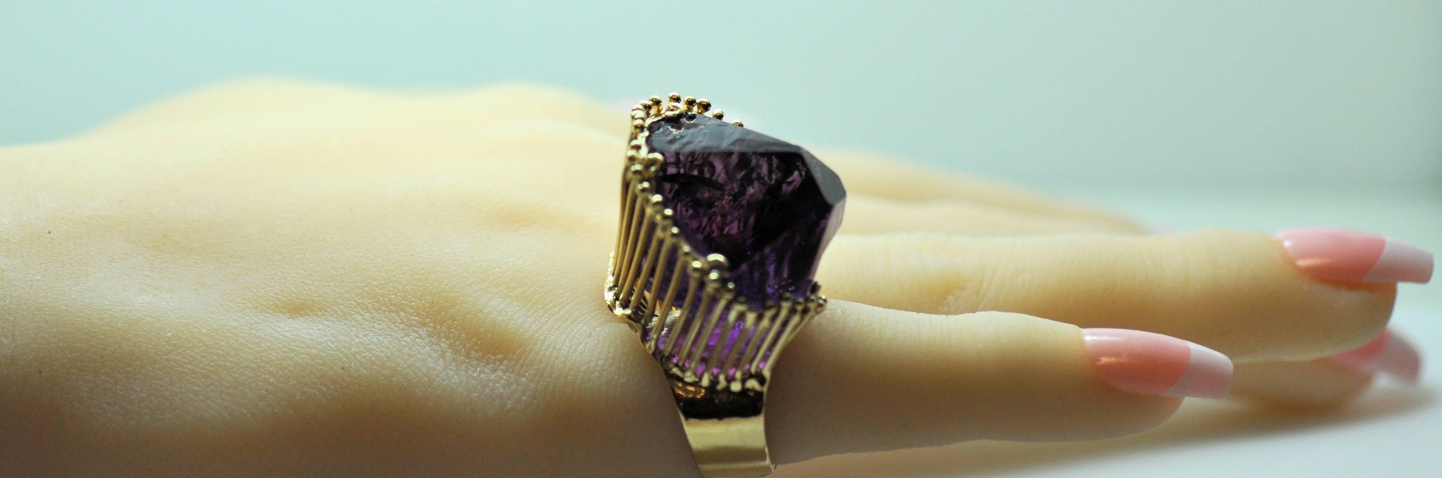 Women's 1980s Gold Amethyst Crystal Custom Ring For Sale