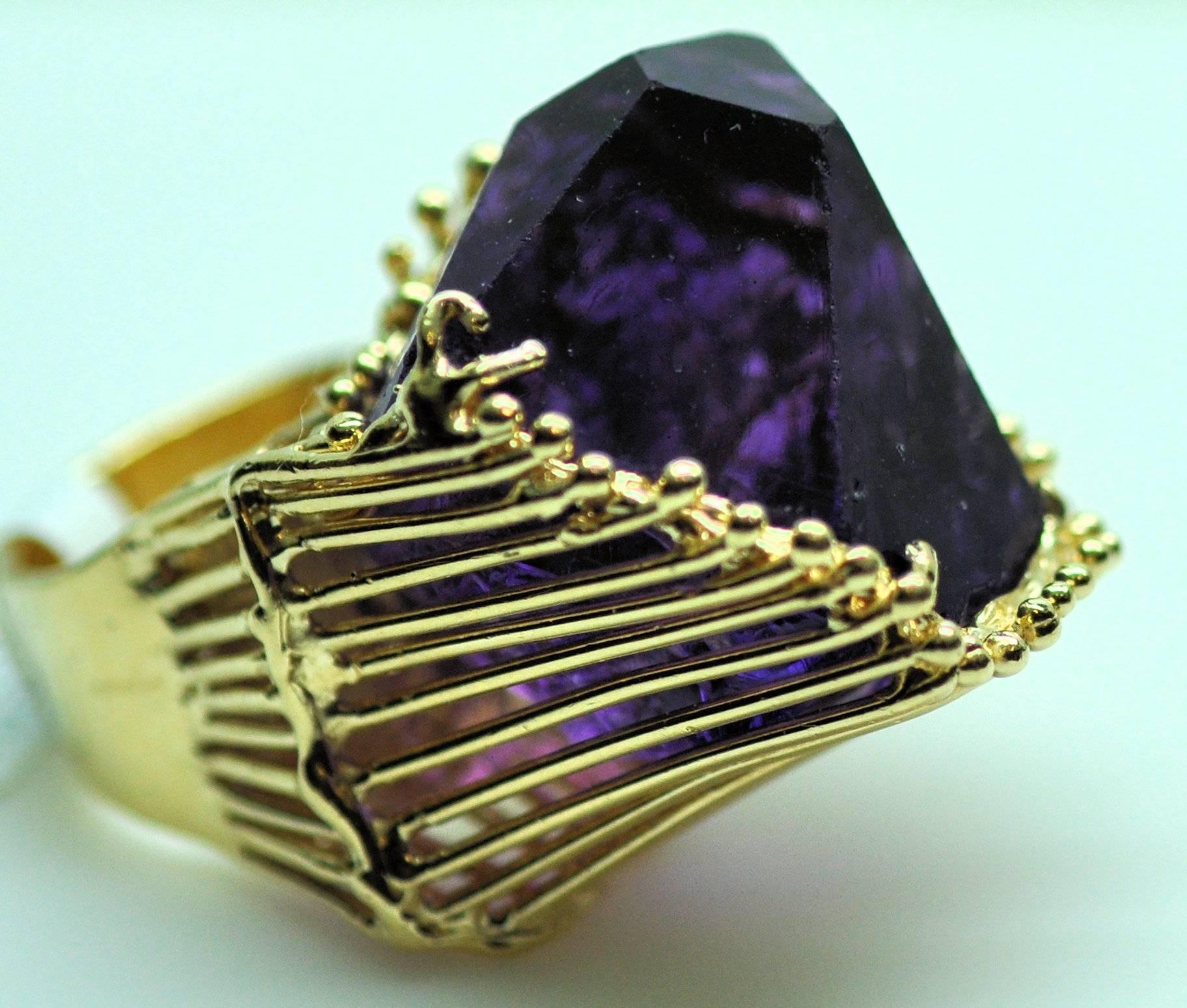 1980s Gold Amethyst Crystal Custom Ring For Sale 3