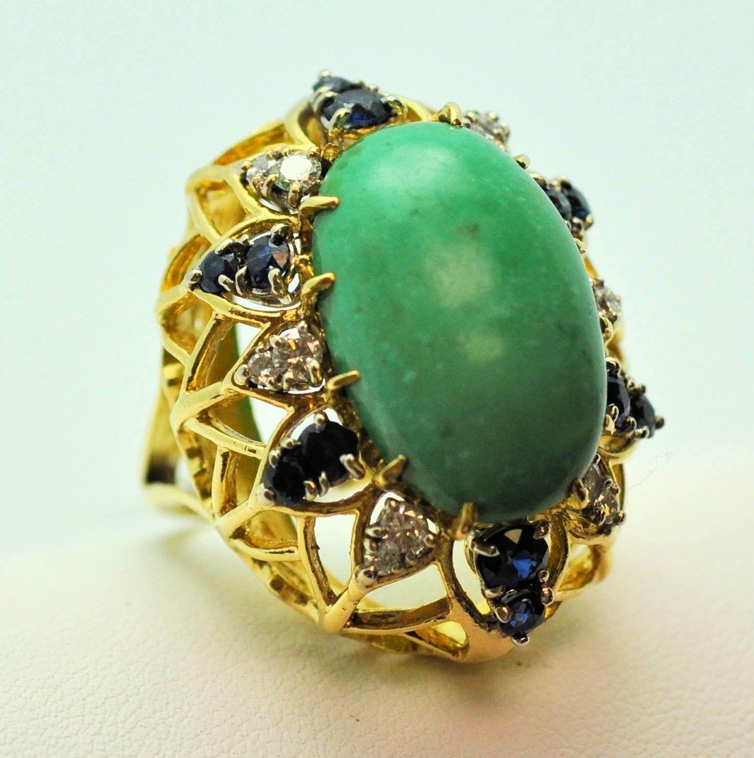 Turquoise Sapphire Diamond Gold Ring In Excellent Condition For Sale In Dallas, TX