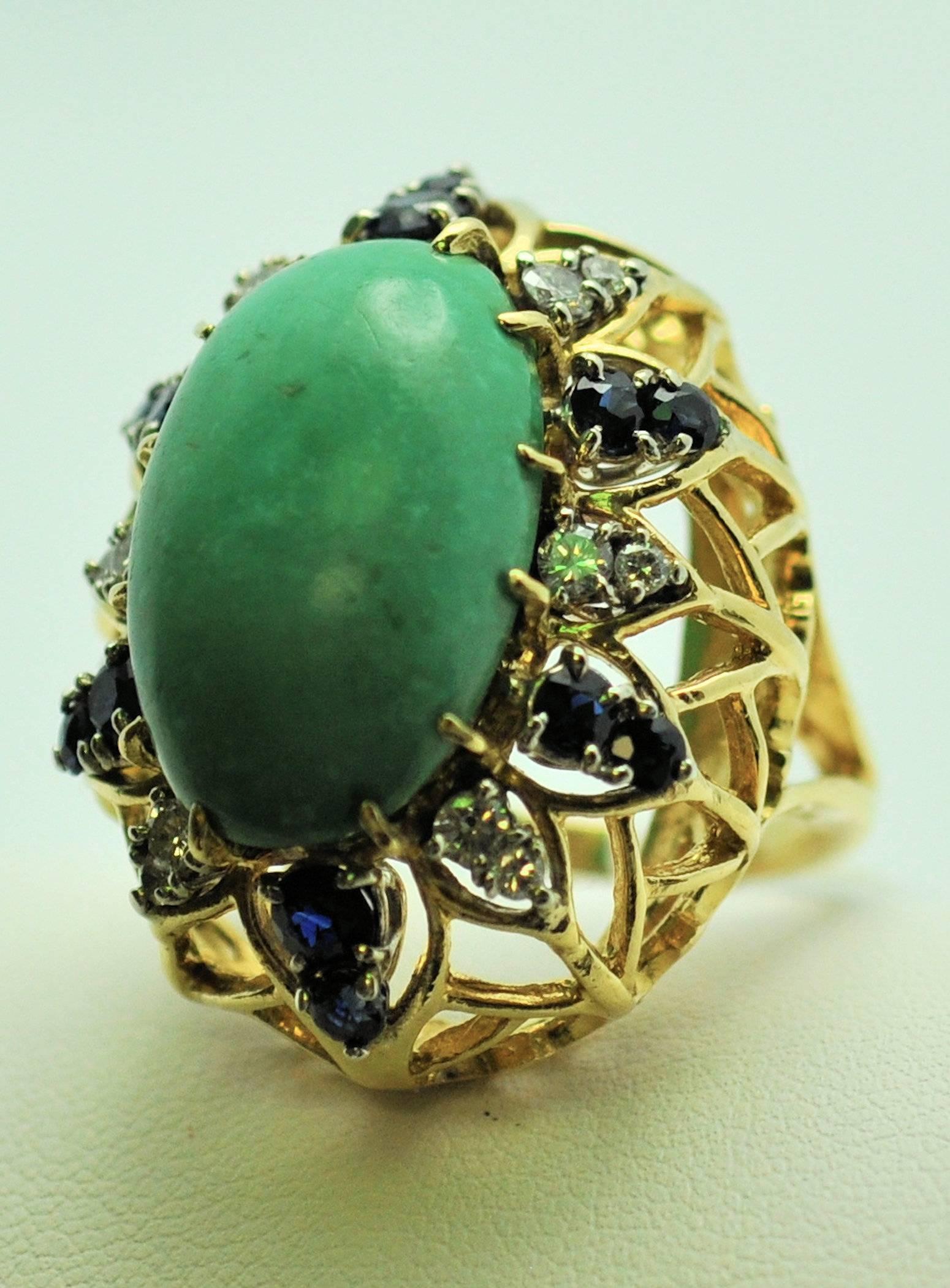 Women's Turquoise Sapphire Diamond Gold Ring For Sale