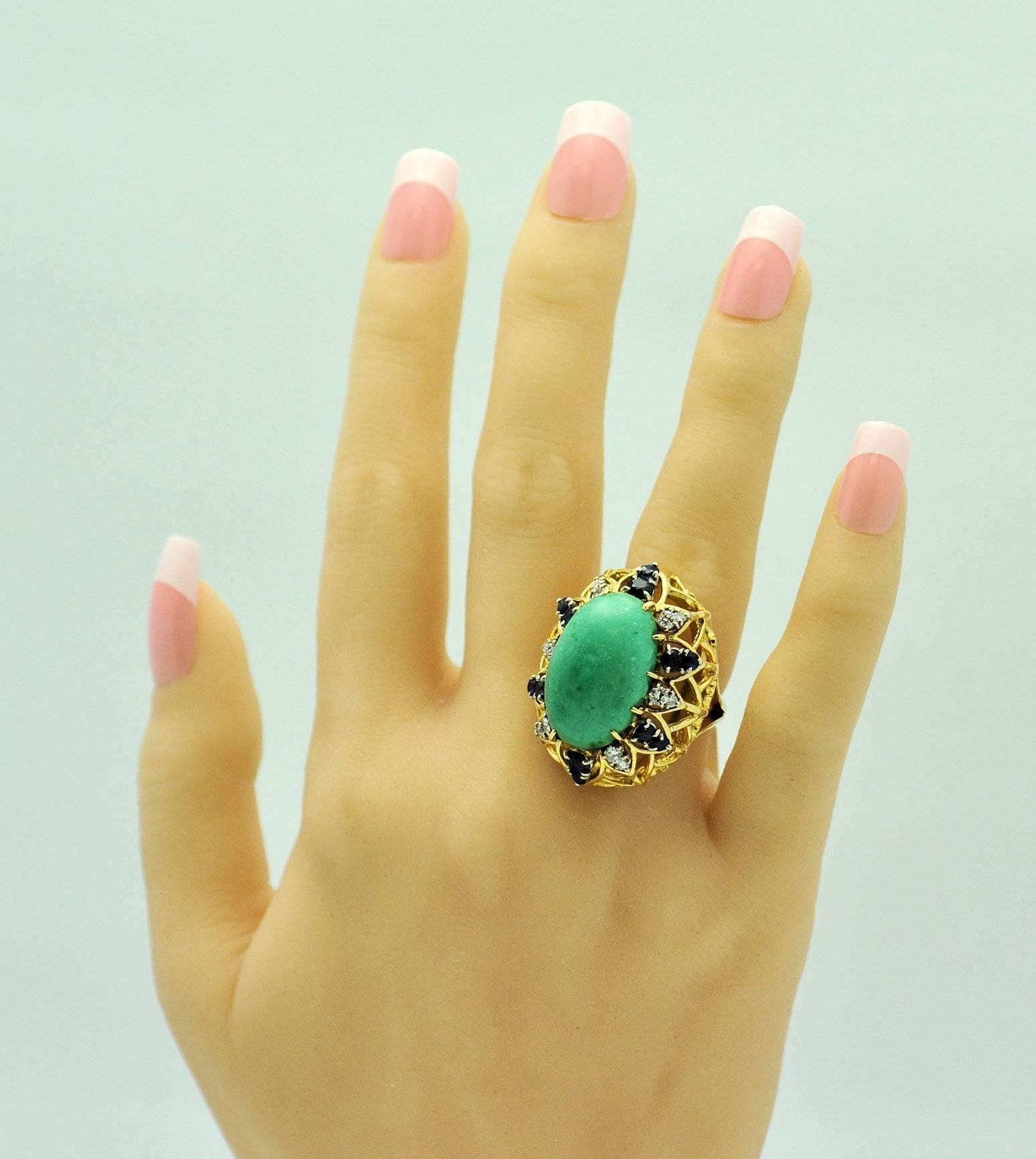 Turquoise Sapphire Diamond Gold Ring For Sale 3