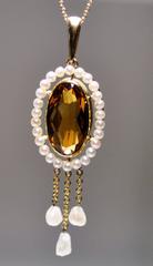 Antique Citrine Seed Pearl Mississippi River Pearl Lavaliere Necklace