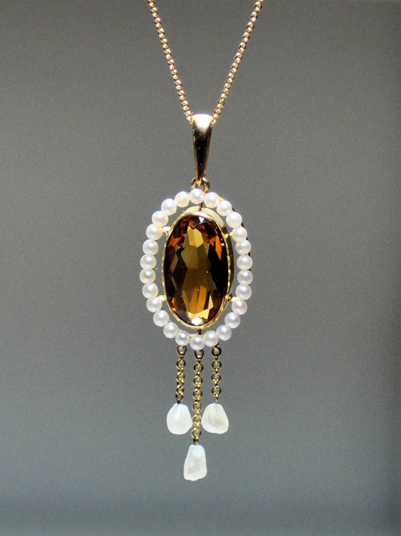 Edwardian Antique Citrine Seed Pearl Mississippi River Pearl Lavaliere Necklace 