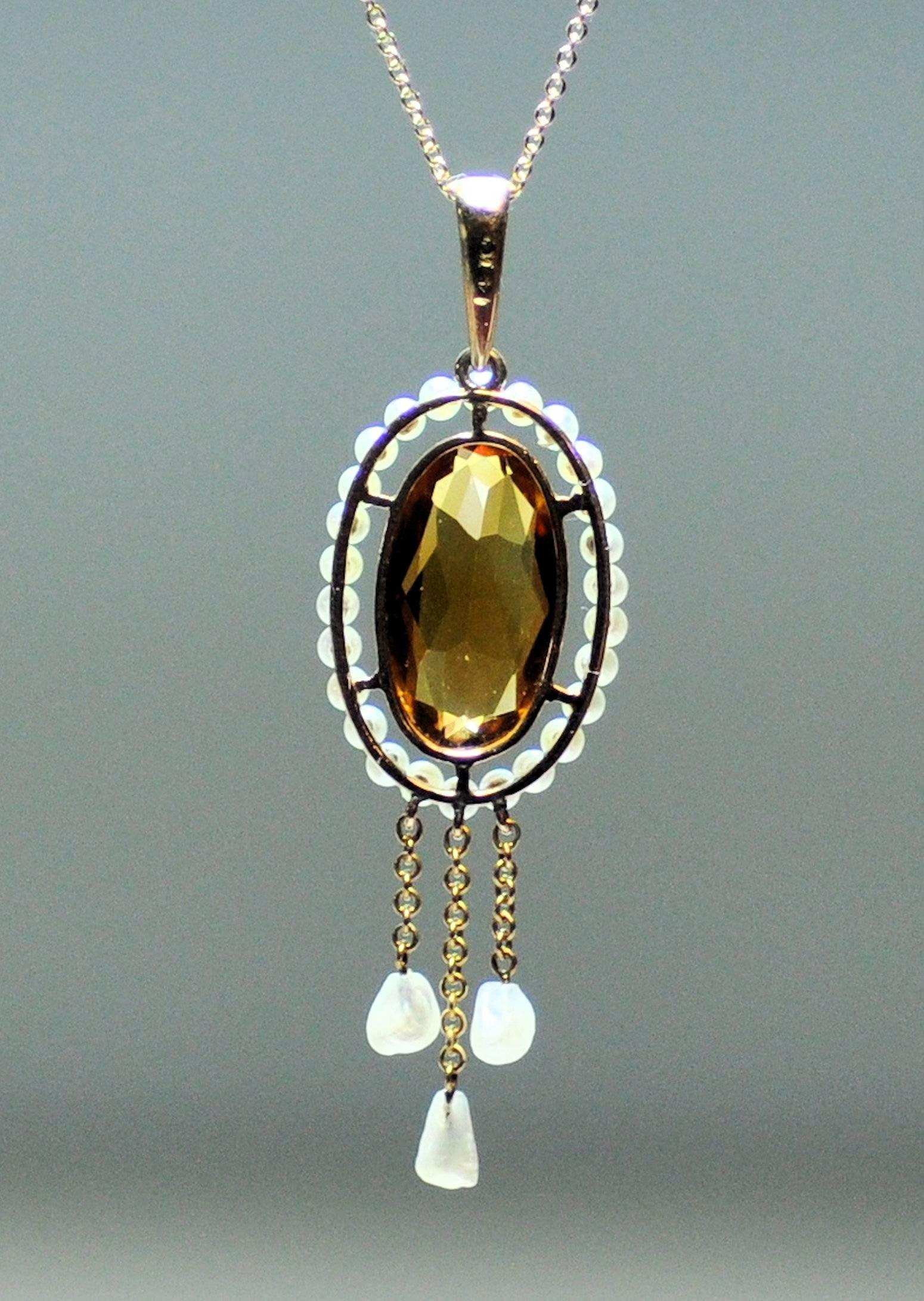 Antique Citrine Seed Pearl Mississippi River Pearl Lavaliere Necklace  In Excellent Condition In Dallas, TX