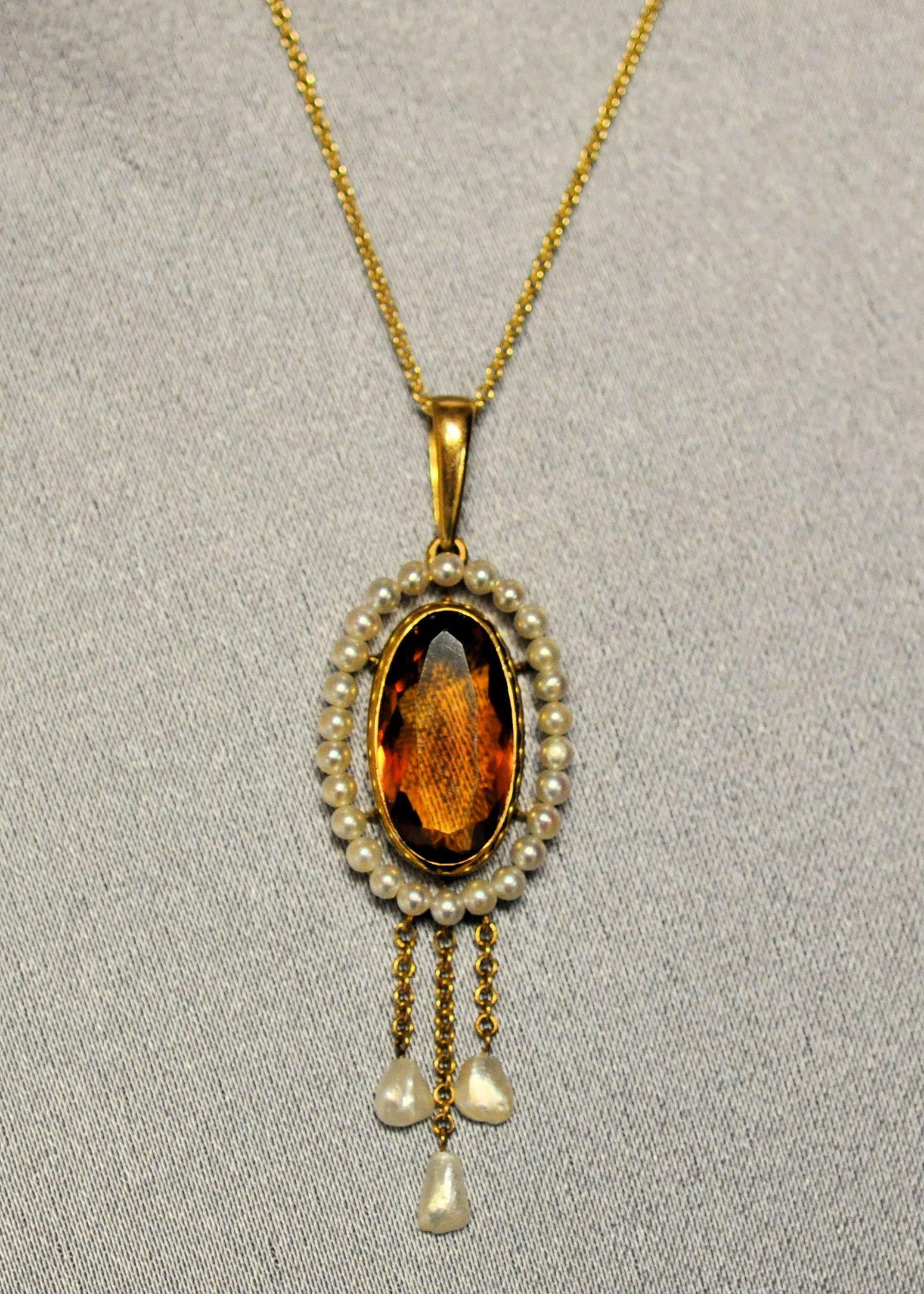 Women's or Men's Antique Citrine Seed Pearl Mississippi River Pearl Lavaliere Necklace 