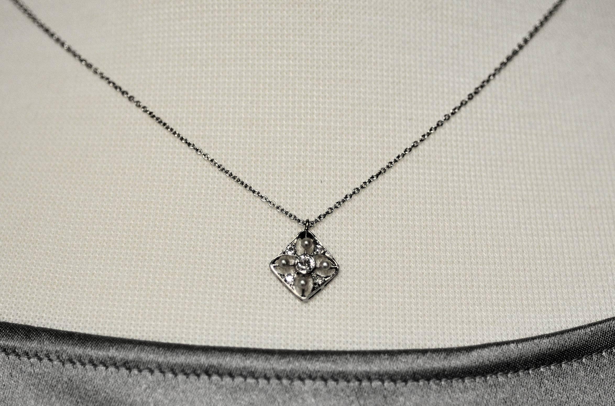 Women's Antique Seed Pearl Diamond Platinum Pendant
