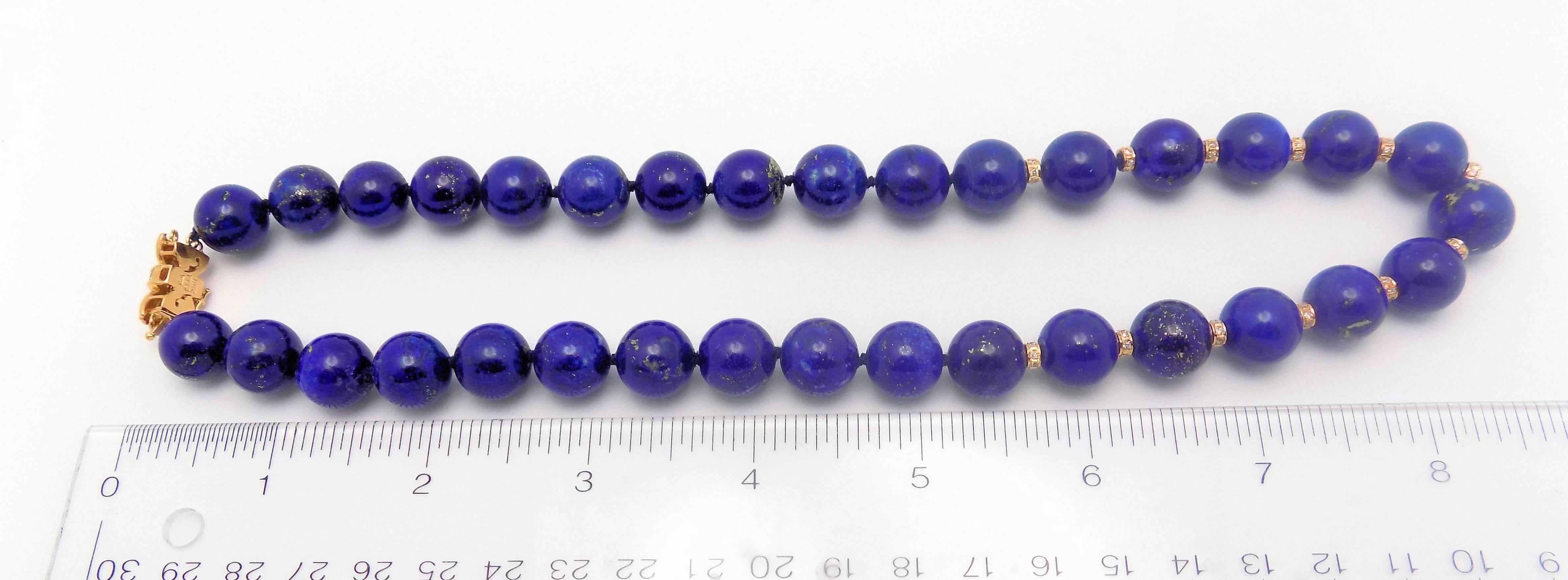Fine Strand Lapis Lazuli Beads with Diamond Set Rondelles and Clasp In New Condition In Dallas, TX