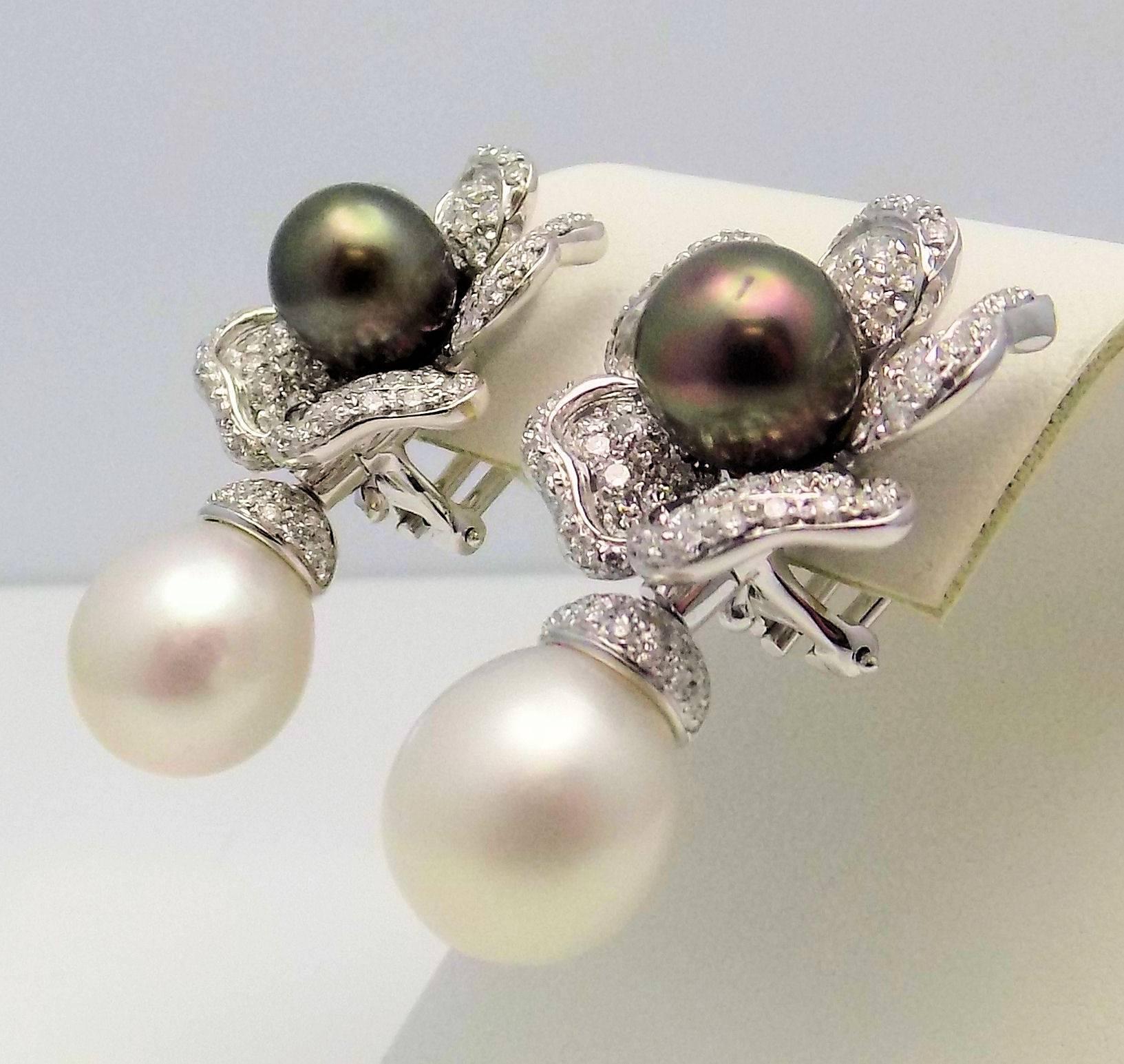 Tahitian and South Sea Pearl Diamond Removable Drop Italian Earrings In New Condition For Sale In Dallas, TX