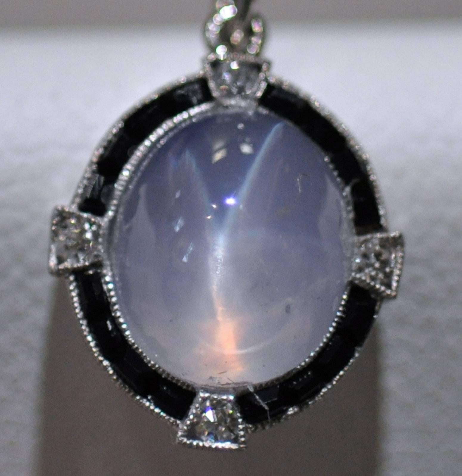 Antique Art Deco Platinum Star Sapphire, Diamond and Black Onyx Pendant and Chai 4