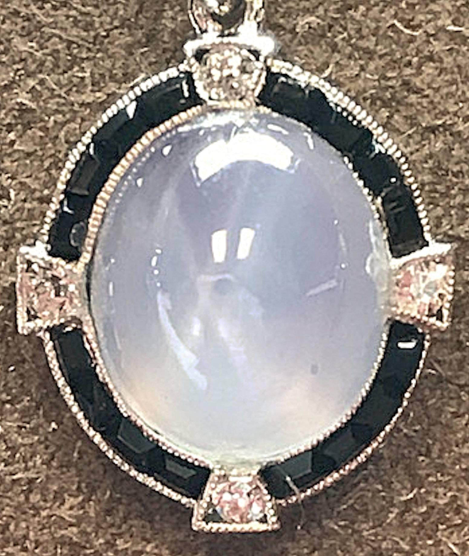 Antique Art Deco Platinum Star Sapphire, Diamond and Black Onyx Pendant and Chai 6