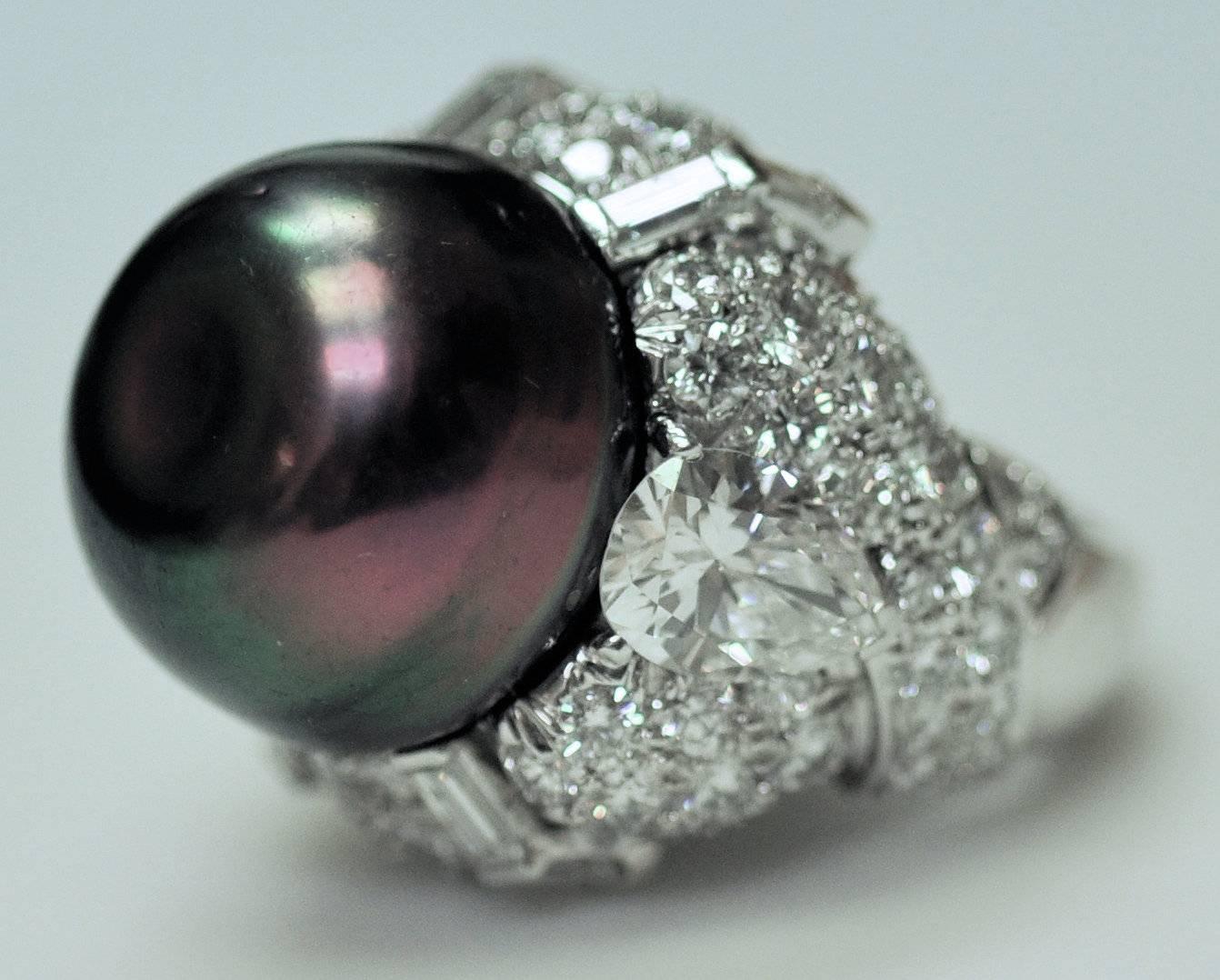 David Webb Black Pearl Diamond Platinum Ring In Excellent Condition For Sale In Dallas, TX