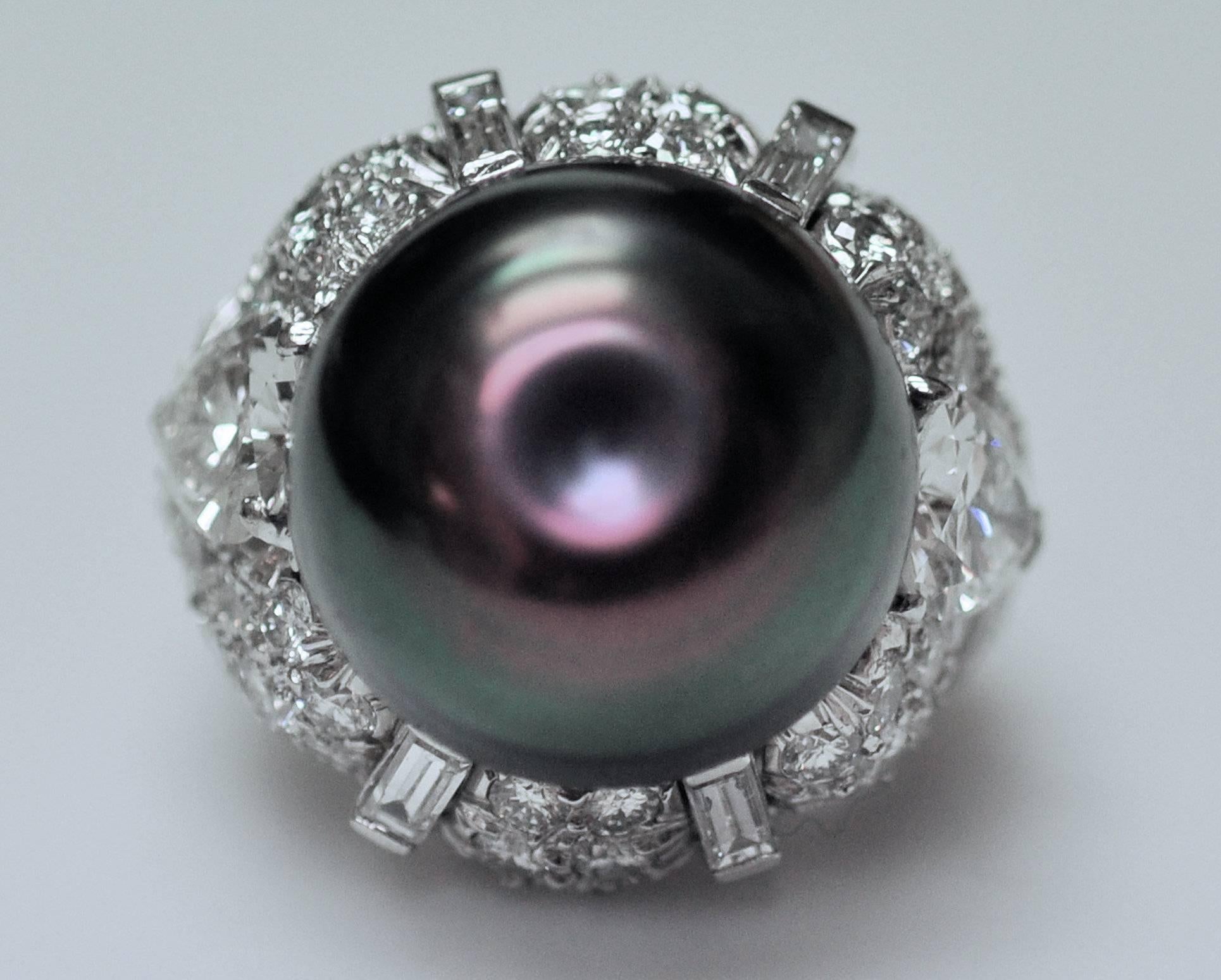 Women's David Webb Black Pearl Diamond Platinum Ring For Sale