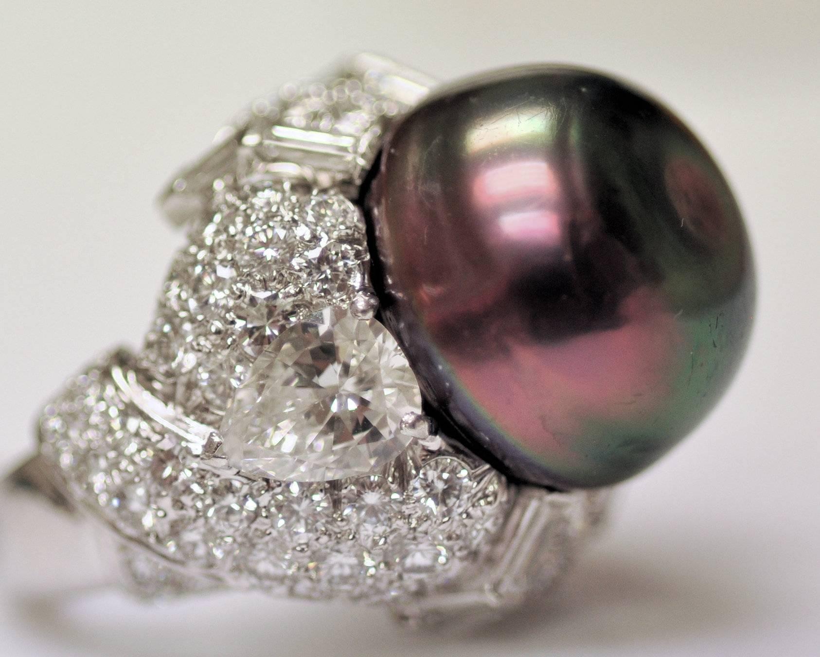 David Webb Black Pearl Diamond Platinum Ring For Sale 2