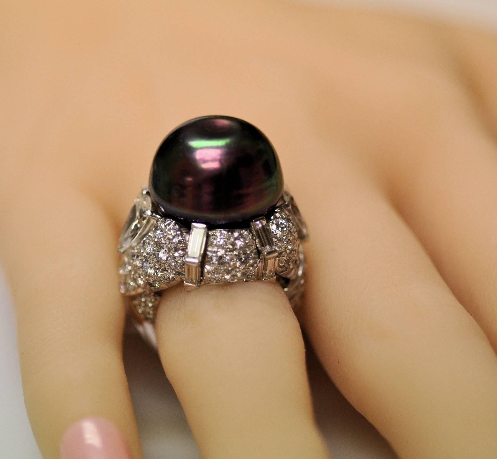 David Webb Black Pearl Diamond Platinum Ring For Sale 3