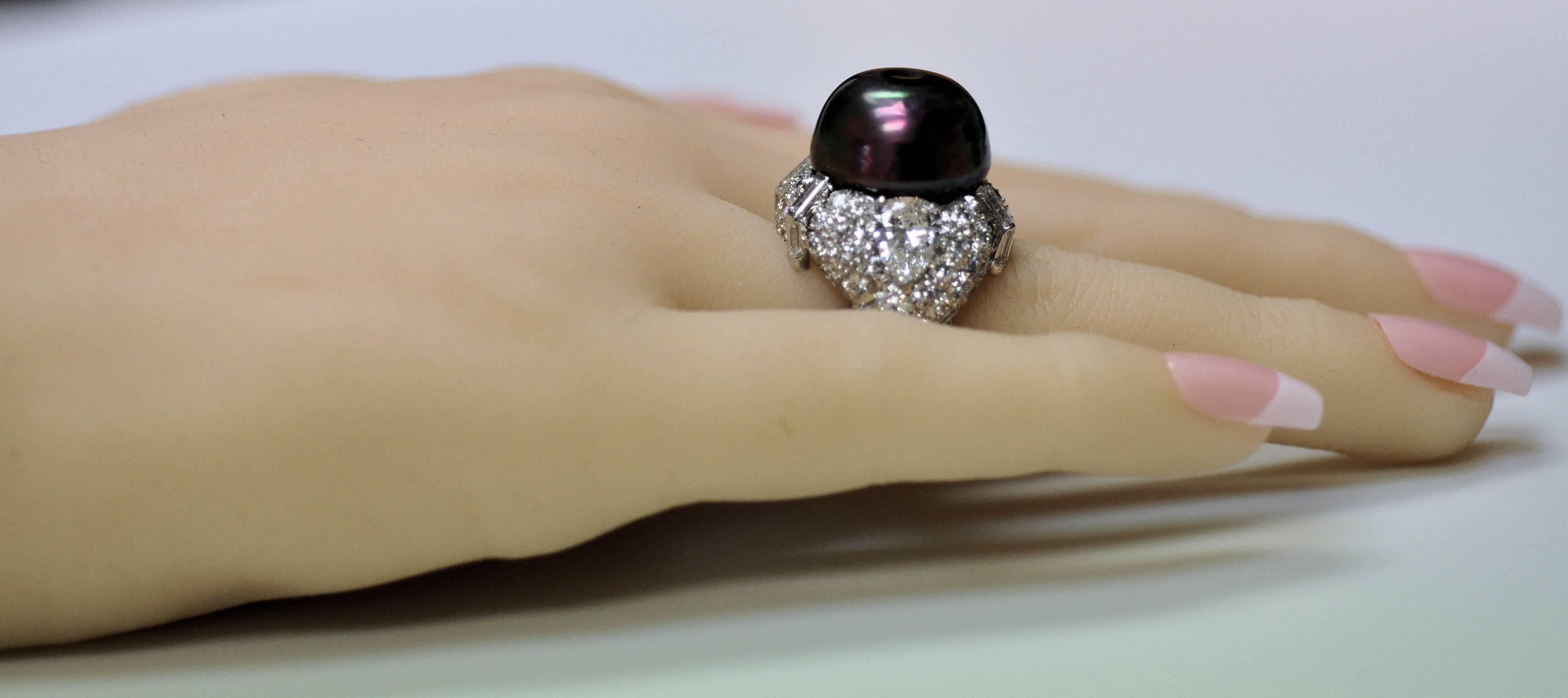 David Webb Black Pearl Diamond Platinum Ring For Sale 4