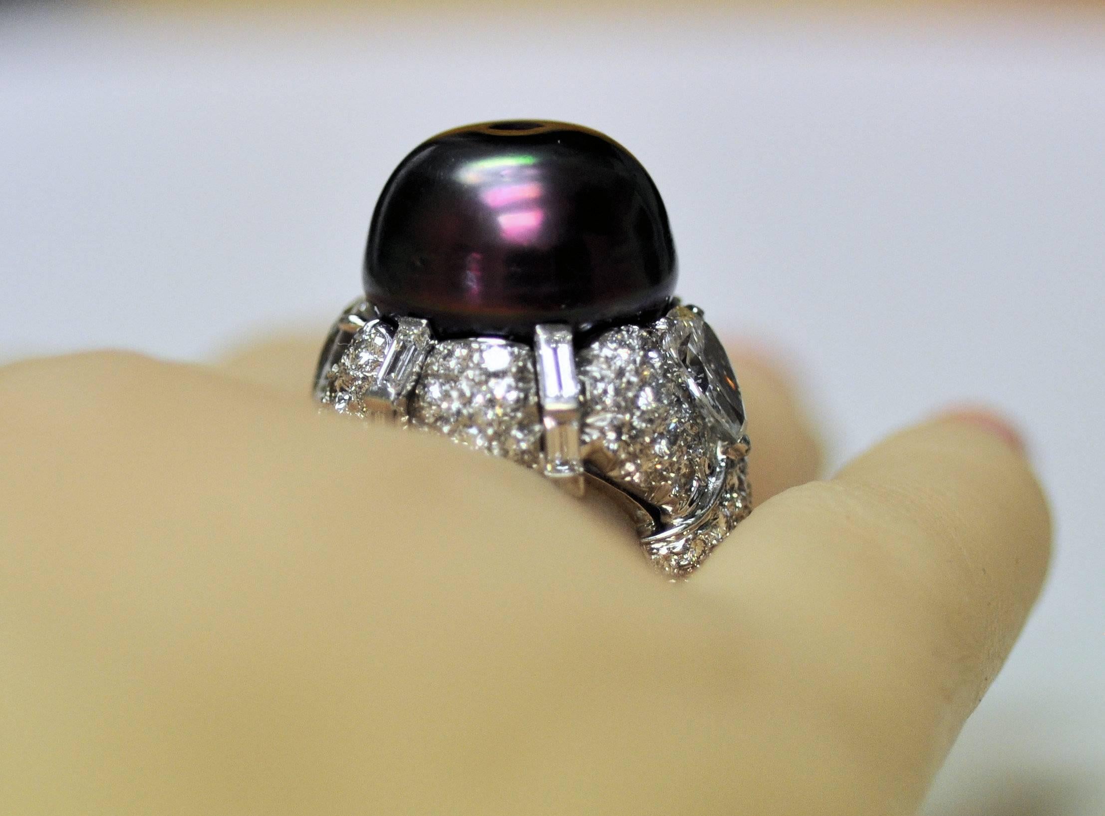 David Webb Black Pearl Diamond Platinum Ring For Sale 5