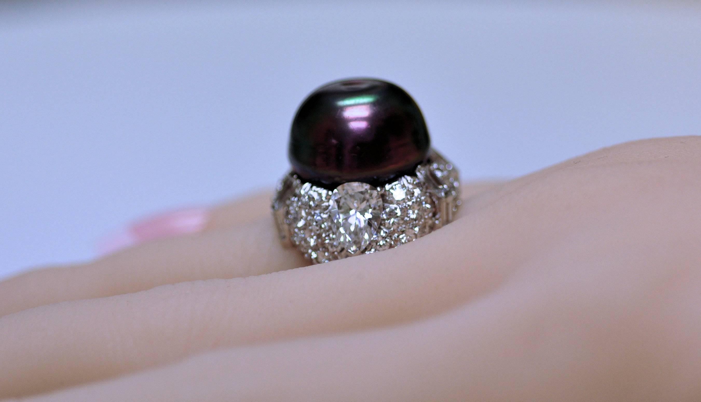 David Webb Black Pearl Diamond Platinum Ring For Sale 6